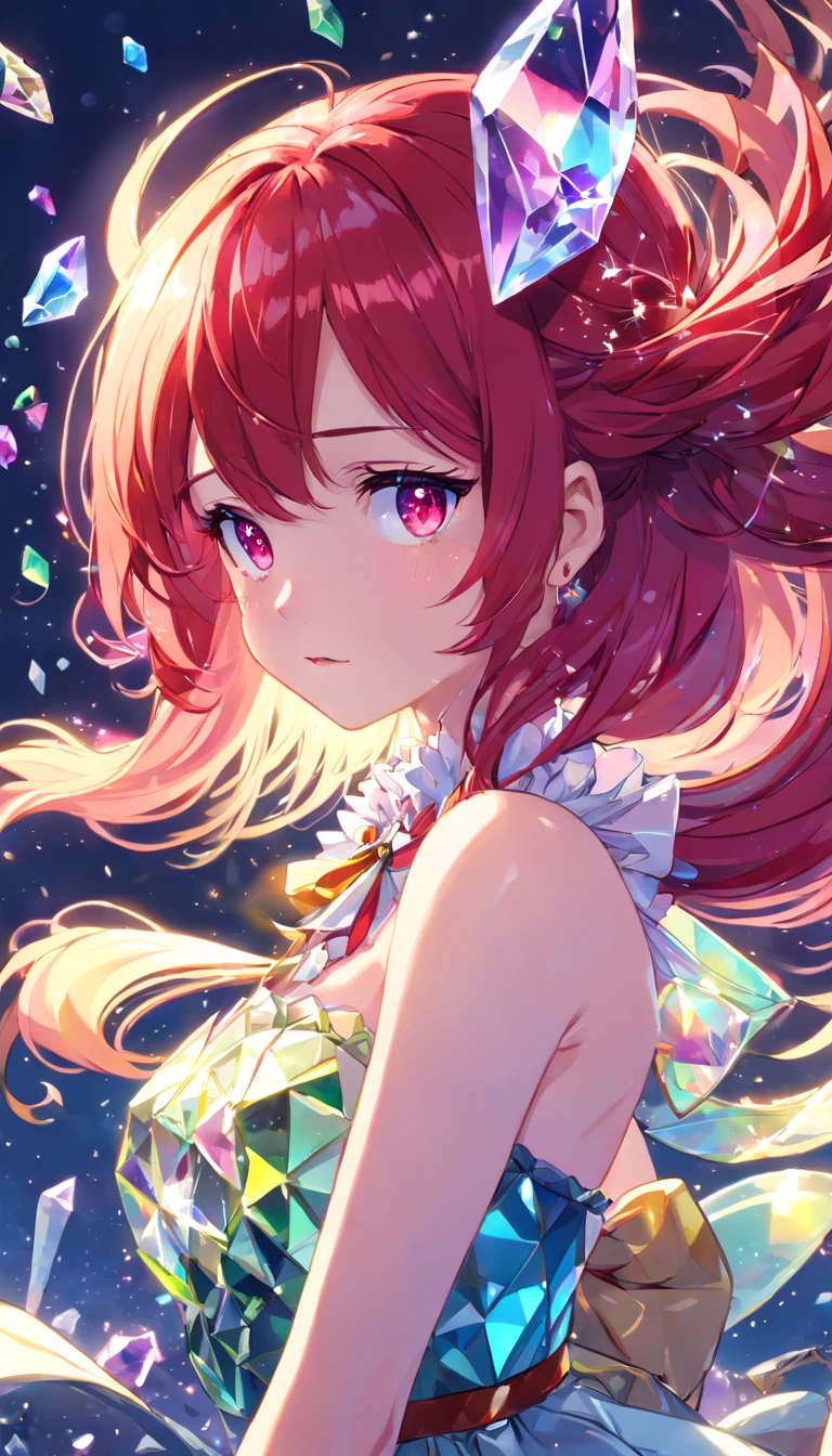 (((crystals texture Hair)))，{{{{{Extremely detailed CG}}}}},{{8K_the wallpaper}},{{{{Crystalline purple gemstone gloves}}}},((Beautiful detailed glass hair)),((Glass shaped texture hand)),((crystallize texture body)),gem body,Hands as clear as jewels,crystallization of clothes,((crystals texture skin)),Sparkle, Lens flare, light  leaks, Broken glass，{{{{detailed glass shaped clothes}}}}， ((Masterpiece)), (((Best quality))), ((Ultra-detailed)), ((illustration)), ((Disheveled hair)), ((frilld)), (1 girl), (Solo), Dynamic Angle, big top sleeves, Floating, beautiful detailed gemstone sky, gemstone sea, Beautiful detailed eyes, Overexposure, side blunt bangs, hairs between eyes, Ribbons, neck bowtie, macaron, Bare shoulders, (((Small breast))), Pleated skirt, crystals texture flowers， ((detailed crystallized clothing)),(gemstone of body)，solofocus,{{{{{{{{Iridescence and rainbow hair:2.5}}}}}}},{{{{{{detailed cute anime face}}}}}},{{Loli}},{{{{{aquarelle_(mediating)}}}},(((Masterpiece))),(((clock))),(((Red))),(((Blood))),finedetail,Depth of field,Blood drop,Blood fog
