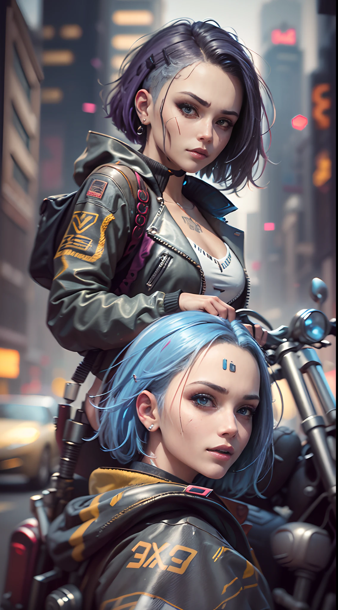 1 girl on a motorcycle,Cyberpunk 2077,Extreme light and shadow,Aurora chase,extremelycomplicateddetails,Extremely strong reflected light,Extreme ambient light,the city that never sleeps,Analog cameras,rendering by octane,8K,CGSociety trends,Extremely complex and delicate eye structure,facing at the camera,neon light detail,globalillumination,Super delicate facial features,Ultra-delicate skin,Cold,Cyberpunk 2077 Ultra Sci-Fi Motorcycle,Armed with a Super Cyberpunk 2077 gun,Very detailed pupil structure,Look back to the whole body close-up。