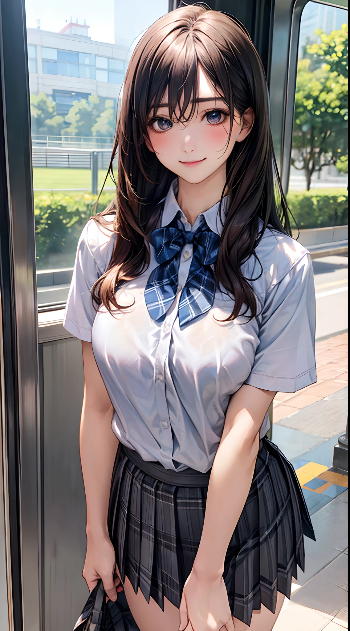 (masterpiece:1.2, highest quality), (Realistic, photoRealistic:1.4), Beautiful illustrations, (Natural Side Lighting, Cinema Lighting), 
View your viewers, Cowboy Shot, Front view:0.6, 1 girl, Japanese,Perfect Face, Cute and symmetrical face, Shiny skin, (Long Hair:1.8, Side Ponytail:1.7, Light brown hair), Parted bangs, Emerald green eyes, Long Eyelashes, (Large Breasts:0.9, Thick thighs), Beautiful Hair, Beautiful Face, Beautiful fine details, Beautiful clavicle, Beautiful body, Beautiful breasts, Beautiful thighs, Beautiful feet, Beautiful fingers,((White collared shirt, black pleated mini skirt, Black socks, Brown Loafers, Red bow tie)), hoop ring earrings, Pink Panties, dark blue school bag, (Beautiful views), (Cute smile, Upward glance), Japanese high school girl, 1 girl,examination room, internal examination table, hospital,arms on the sides,white panties, (panchira), raises her knees, opens her legs, pees because she's scared,
