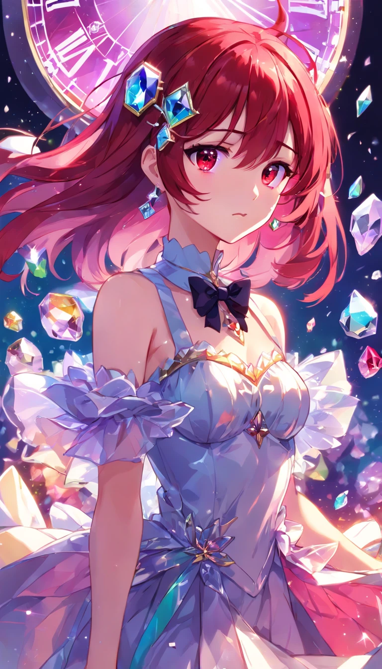 (((crystals texture Hair))),{{{{{Extremely detailed CG}}}}},{{8K_the wallpaper}},{{{{Crystalline purple gemstone gloves}}}},((Beautiful detailed glass hair)),((Glass shaped texture hand)),((crystallize texture body)),gem body,Hands as clear as jewels,crystallization of clothes,((crystals texture skin)),Sparkle, Lens flare, light leaks, Broken glass,{{{{detailed glass shaped clothes}}}}, ((Masterpiece)), (((Best quality))), ((Ultra-detailed)), ((illustration)), ((Disheveled hair)), ((frilld)), (1 girl), (Solo), Dynamic Angle, big top sleeves, Floating, beautiful detailed gemstone sky, gemstone sea, Beautiful detailed eyes, Overexposure, side blunt bangs, hairs between eyes, Ribbons, neck bowtie, macaron, Bare shoulders, (((Small breast))), Pleated skirt, crystals texture flowers, ((detailed crystallized clothing)),(gemstone of body),solofocus,{{{{{{{{Iridescence and rainbow hair:2.5}}}}}}},{{{{{{detailed cute anime face}}}}}},{{Loli}},{{{{{aquarelle_(mediating)}}}},(((Masterpiece))),(((clock))),(((Red))),(((Blood))),finedetail,Depth of field,Blood drop,Blood fog