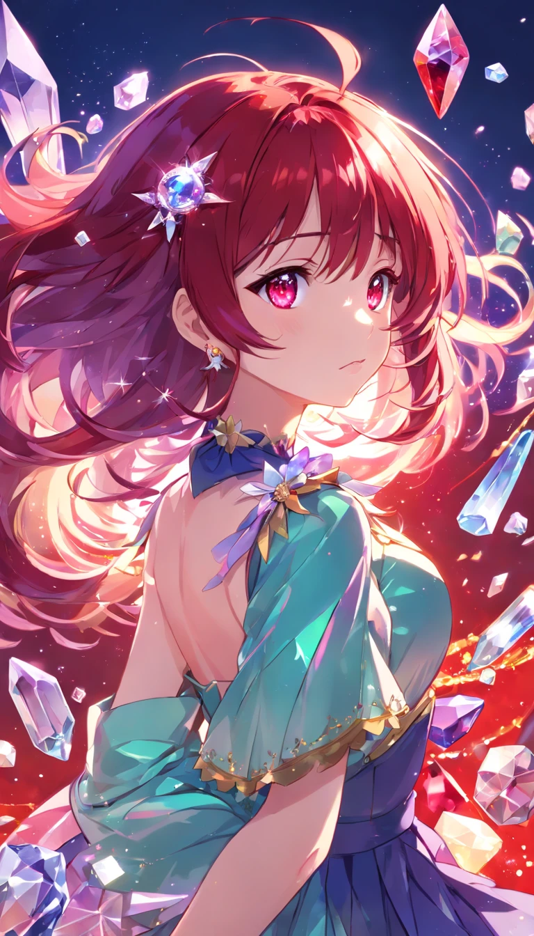 (((crystals texture Hair)))，{{{{{Extremely detailed CG}}}}},{{8K_the wallpaper}},{{{{Crystalline purple gemstone gloves}}}},((Beautiful detailed glass hair)),((Glass shaped texture hand)),((crystallize texture body)),gem body,Hands as clear as jewels,crystallization of clothes,((crystals texture skin)),Sparkle, Lens flare, light  leaks, Broken glass，{{{{detailed glass shaped clothes}}}}， ((Masterpiece)), (((Best quality))), ((Ultra-detailed)), ((illustration)), ((Disheveled hair)), ((frilld)), (1 girl), (Solo), Dynamic Angle, big top sleeves, Floating, beautiful detailed gemstone sky, gemstone sea, Beautiful detailed eyes, Overexposure, side blunt bangs, hairs between eyes, Ribbons, neck bowtie, macaron, Bare shoulders, (((Small breast))), Pleated skirt, crystals texture flowers， ((detailed crystallized clothing)),(gemstone of body)，solofocus,{{{{{{{{Iridescence and rainbow hair:2.5}}}}}}},{{{{{{detailed cute anime face}}}}}},{{Loli}},{{{{{aquarelle_(mediating)}}}},(((Masterpiece))),(((clock))),(((Red))),(((Blood))),finedetail,Depth of field,Blood drop,Blood fog