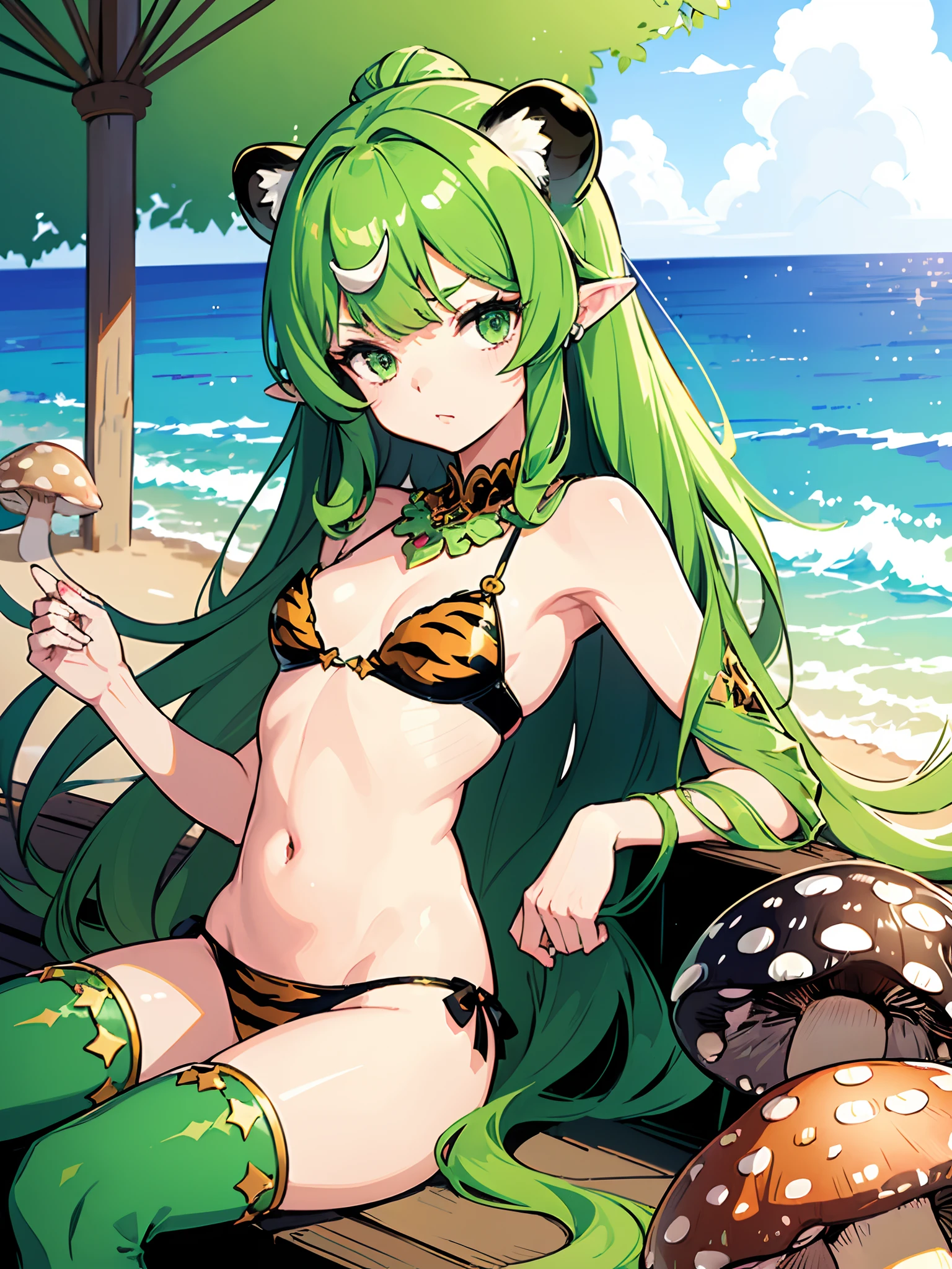 (cute girl:1.2), (starly eyes),
(sparkle skin), (embarrassed mood:1.2),
(long hair, slightly wavy hair, green gradation hair:1.2), (small horn:1.3), (mushroom on head:1.3),
break
(bikini, frills, tiger pattern), cleavage,
wearing gorgeous accessories, necklace,
(medium breast:1.2), (focus hip:1.3),
break
(pool edge:1.3), (sitting on edge), (looking viewers:1.2),
break
(hyperrealistic, raw photo), (pastel:1.2), (flat color:1.2),