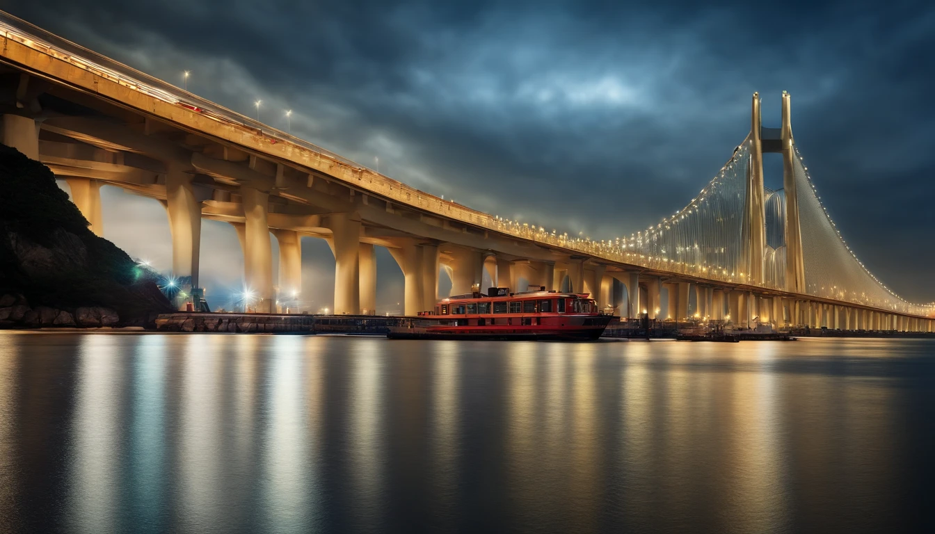 Best quality, Masterpiece, 超高分辨率, (photograph realistic:1.4), surrealism, Dream-like,fusionart, Hong Kong-Zhuhai-Macao Bridge