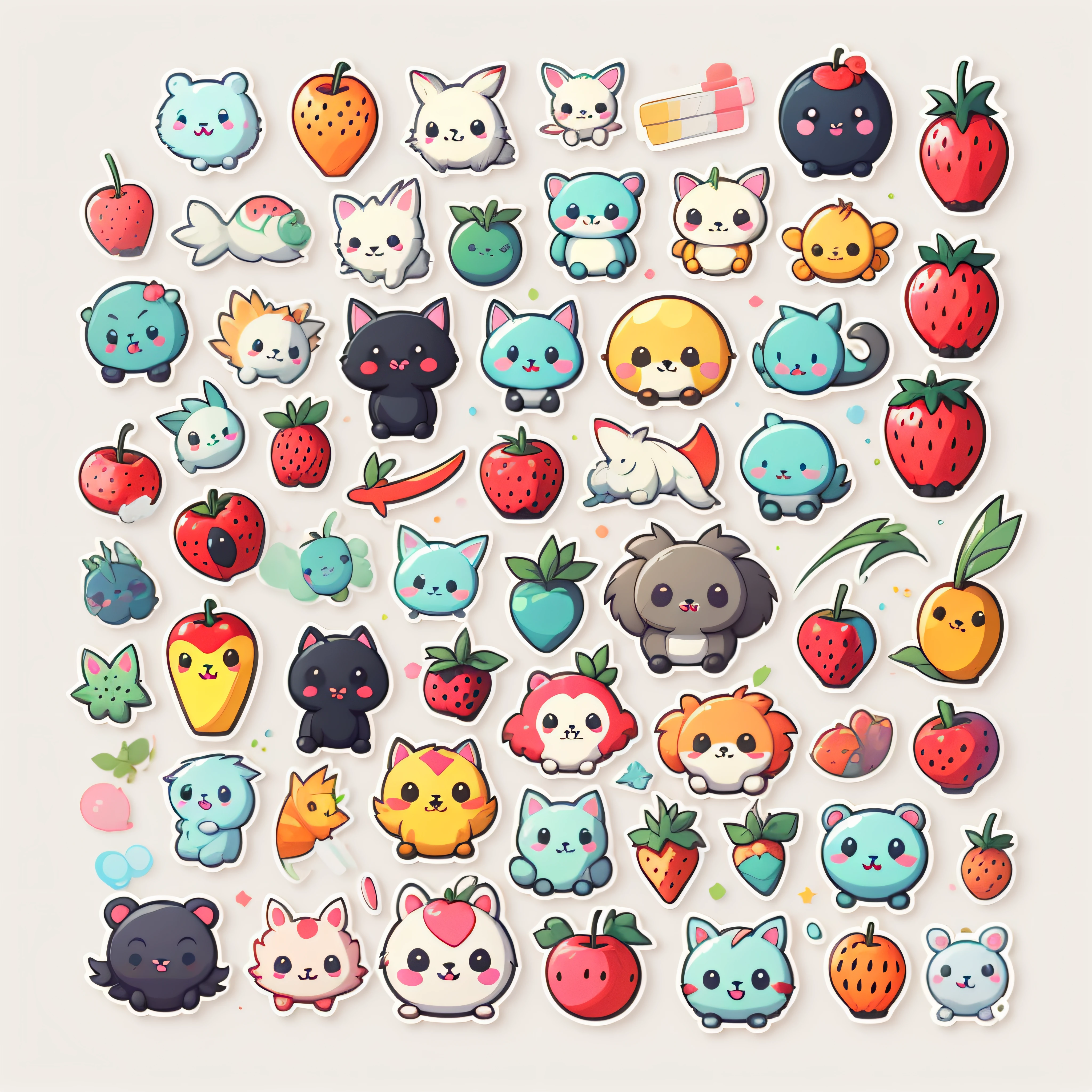 Individual stickers， 1sticker， （cherrie））， white backgrounid， nothing background， simple backgound， dk， adolable， pastel colour， vectorstyle， no gradien，Refinement。Various fruits，All kinds of cute animals