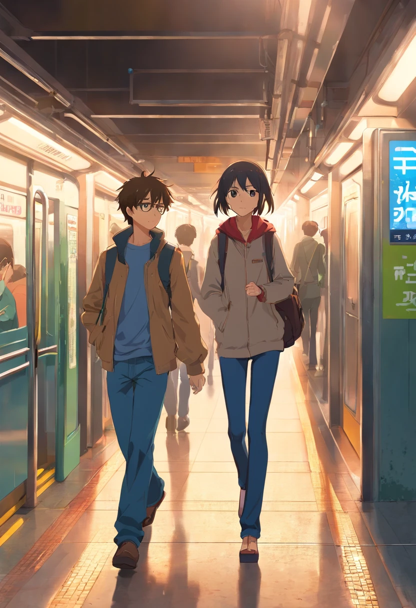 anime characters are walking through a subway station gates, ( ( makoto shinkai ) ), makoto shinkai. high detail