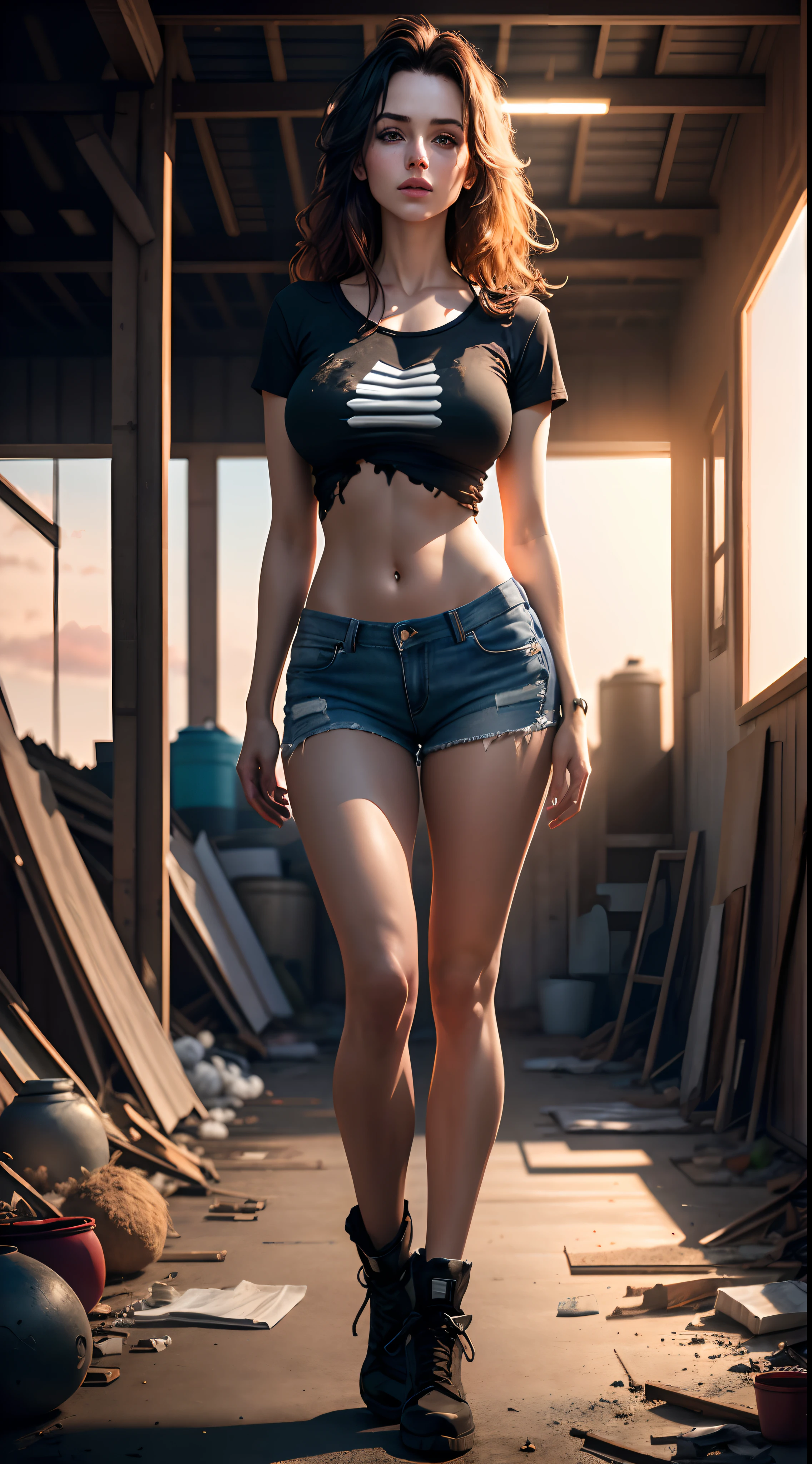 Hyper real photo of ((full-body woman inside a messy barn with a sexy worn cotton t-shirt)), ((detailed realistic face and eyes)), cinematic lighting, 8K resolution, (modelshoot style), sunset, (from_below:1.4), large breasts