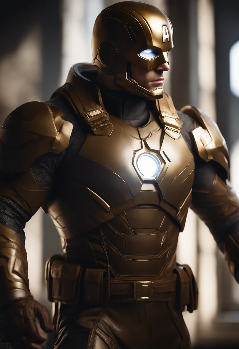 Full body photo of Captain America in white and gold armor suit, no mask on, Capa Branca, looking at the center camera, perfect composition, bonito, detalhado, intrincado, Intricate octane render trend in Artstation, 8 k artistic photography, arte conceitual fotorrealista, soft natural volumetric cinematic perfect light, Chiaroscuro, Fotografia premiada, master part, oil on the canvas, Raphael, Caravaggio, Greg Rutkowski, bipe, Beksinski, Giger, trending on ArtStation, foco nítido, Studio photo, detalhes intrincados, altamente detalhado, fundo noturno da cidade, Directed by: Greg Rutkowski, ((Chibi))