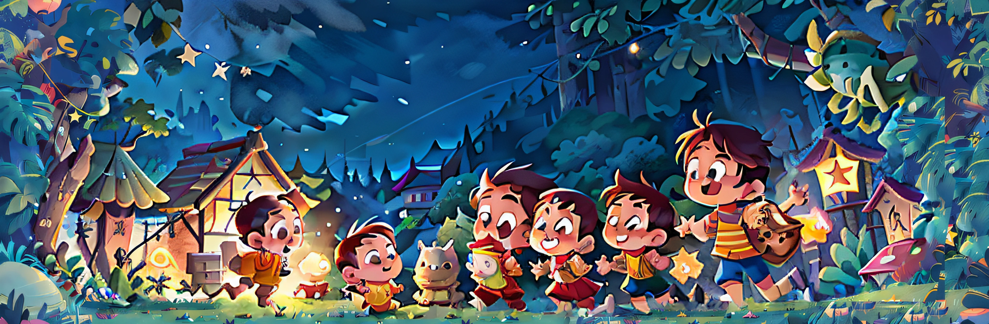 many children are jumping high foward and holding star lanterns, lion lanterns, fish lanterns on their hand, backgound moutain