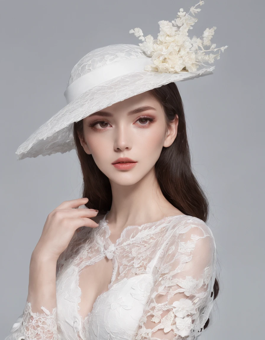 Beautiful and elegant girl wearing a talking hat decorated with white lace flowers. Her entire face was covered with lace. She wore a loose white lace cocktail dress,Hang over your shoulders. Her skin is very radiant. Her arms were crossed、The fingertips of one hand touched her chin. The background is beautiful black. The room is dimly lit.、She is gently illuminated.
very shallow depth of field、The background is blurred.