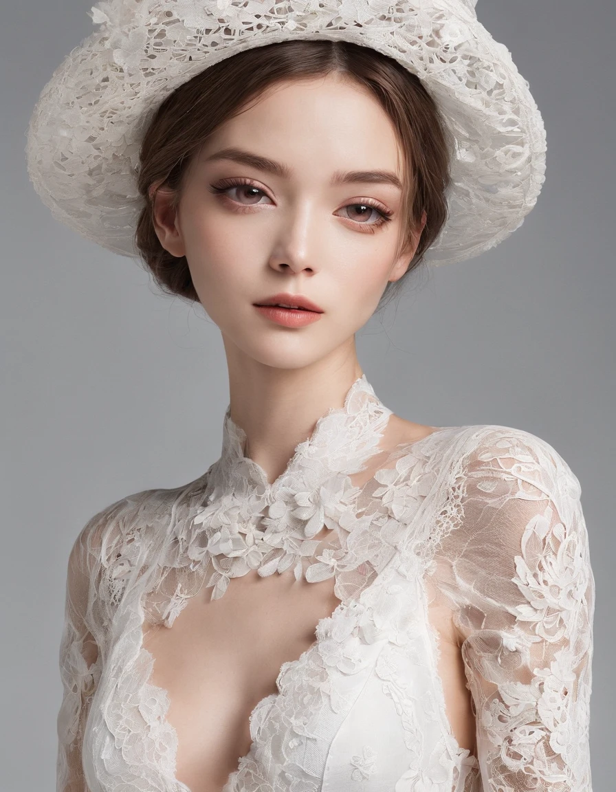 Beautiful and elegant girl wearing a talking hat decorated with white lace flowers. Her entire face was covered with lace. She wore a loose white lace cocktail dress，Hang over your shoulders. Her skin is very radiant. Her arms were crossed、The fingertips of one hand touched her chin. The background is beautiful black. The room is dimly lit.、She is gently illuminated.
very shallow depth of field、The background is blurred.