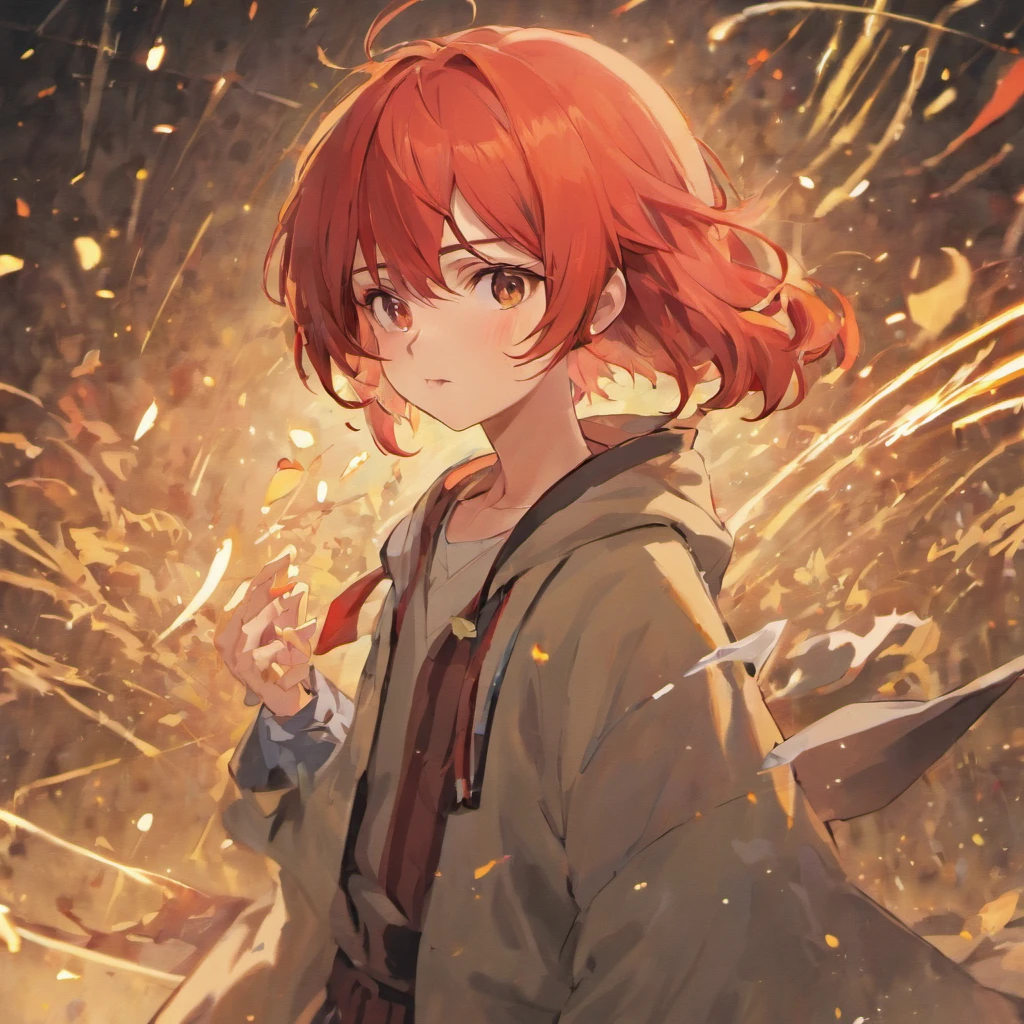 Directly in front of me stood a boy with red hair,Wearing clothes of Senkaze Doku,Q version full-body character image