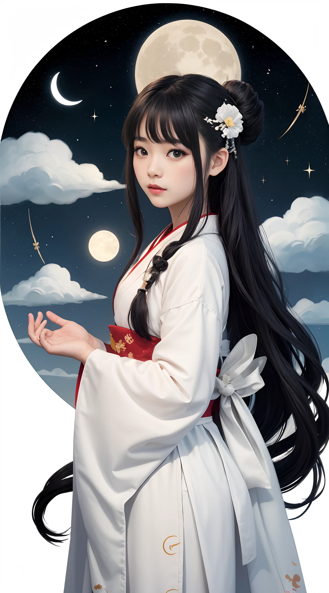 1sticker，a sticker， Nikkaze，（Cute girl），(Gorgeous Hanfu)，（gorgeous hair accessory），（Japanese traditional hairstyle），the white rabbit，Clouds，Behind it is a huge round moon，stars， white backgrounid， nothing background， simple backgound， dk， adolable， Small， ...