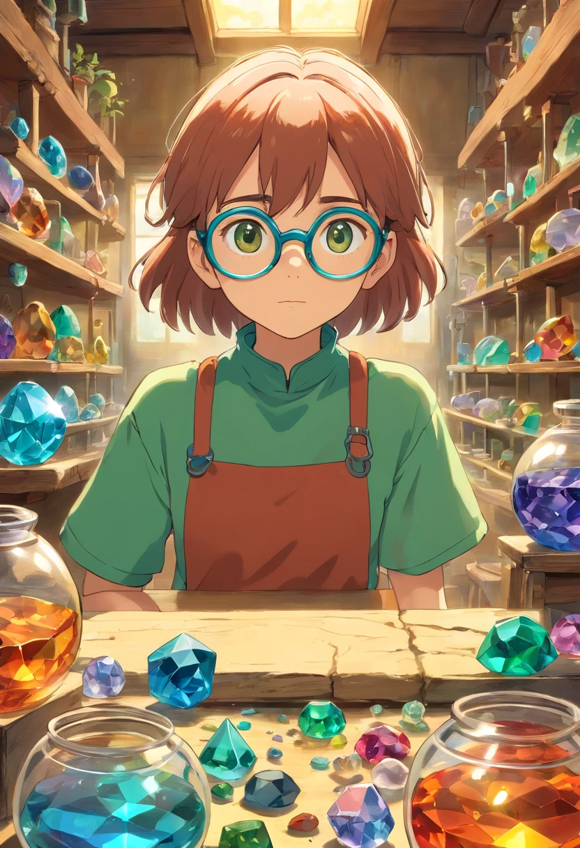 Alafeld girl in green shirt and goggles is looking at gemstones, embedded gemstones, eye-catching, kids playing archaeology, colorful mold, looks cool, doing experiments in her science lab, working in her science lab, product introduction photos, carvings, colorful slime, made of colorful crystals, advertising photos, crafts, having fun, process art, long picture, 9:16