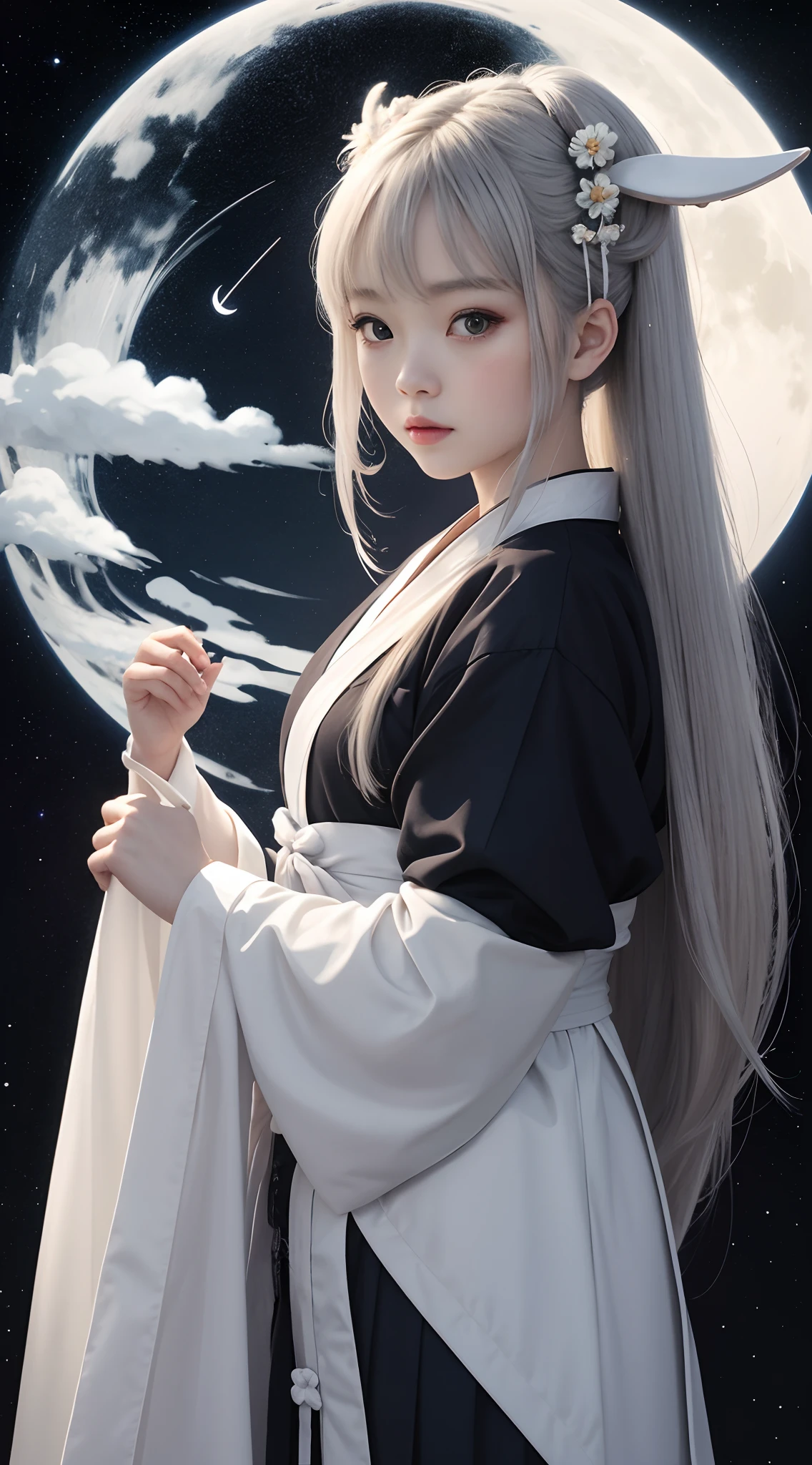 1sticker,a sticker, Nikkaze,(Cute girl),(Gorgeous Hanfu),(gorgeous hair accessory),(Japanese traditional hairstyle),the white rabbit,Clouds,Behind it is a huge round moon,stars, white backgrounid, nothing background, simple backgound, dk, adolable, Small, ...
