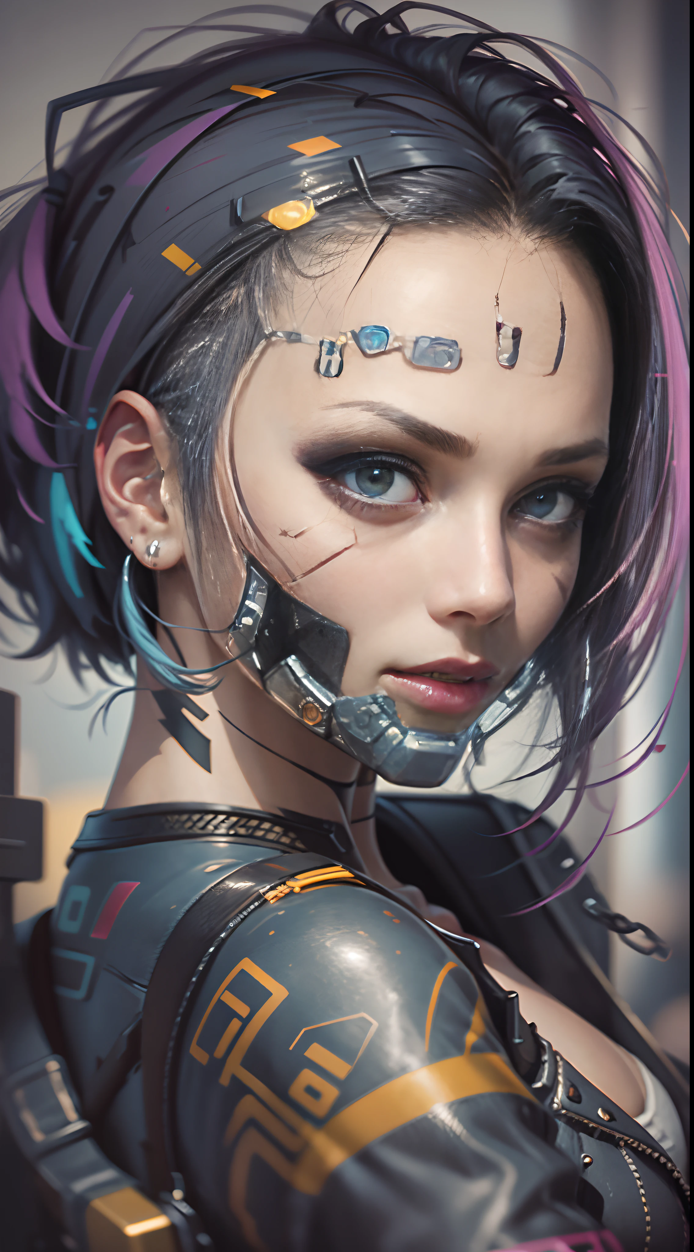 1 girl on a motorcycle,Cyberpunk 2077,Extreme light and shadow,Aurora chase,extremelycomplicateddetails,Extremely strong reflected light,Extreme ambient light,the city that never sleeps,Analog cameras,rendering by octane,8K,CGSociety trends,Extremely complex and delicate eye structure,facing at the camera,neon light detail,globalillumination,Super delicate facial features,Ultra-delicate skin,Cold,Cyberpunk 2077 Ultra Sci-Fi Motorcycle,Armed with a Super Cyberpunk 2077 gun,Very detailed pupil structure,Look back to the whole body close-up。