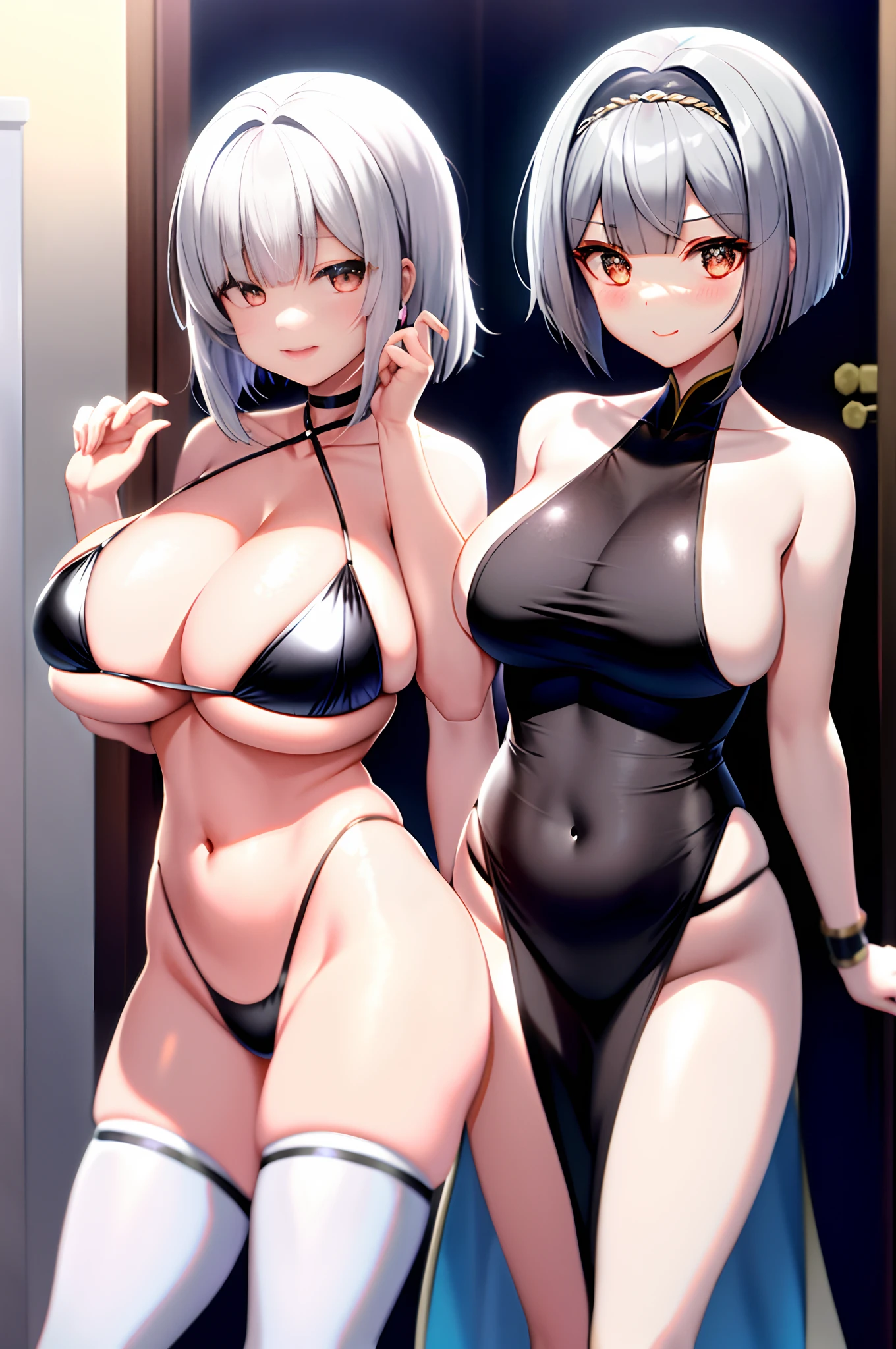 1人、独奏、animesque、Gray Hair Bob、1人、Silver-eyed、huge tit、Idol costumes、nipple、