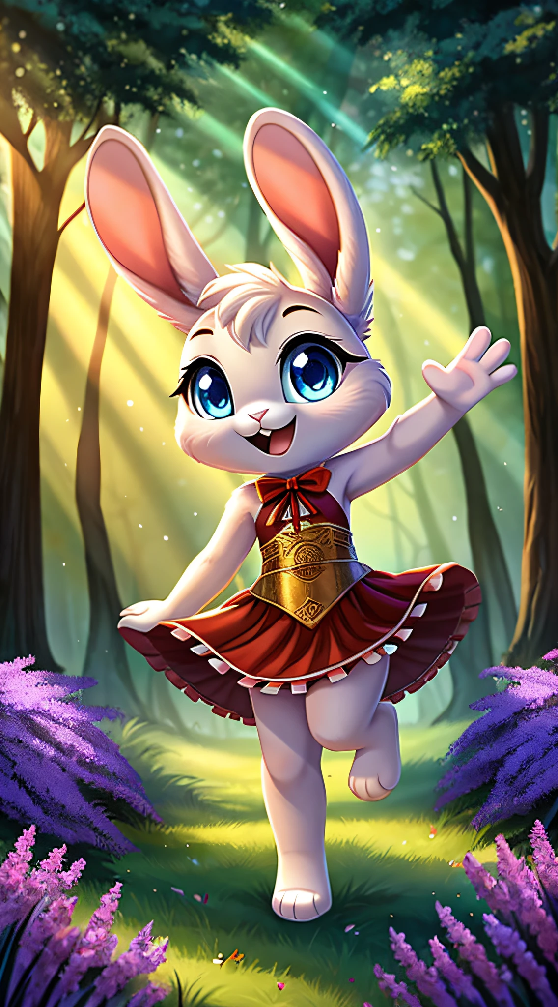 zoomed out image, fantasy style art, cute, adorable, short character, small, tiny little fluffy female white bunny with blue eyes, 4 ears, 2 extra ears, big floppy ears, long ears, ears perked up, raised ears, long eyelashes, poofy rabbit tail, wearing a red frilly ribbon dress, smiling, standing in a forest, big expressive smile, waving hello, one hand raised, one hand down, happy to see you, open mouth, wide eyes, excited face, stunning visuals, sunlight coming through the trees, purple flowers, digital illustration