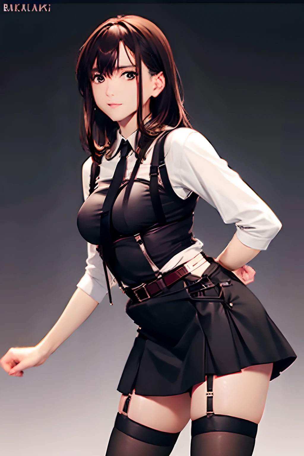 Black skirt, suspenders, Brown hair Gray eyes, Garter belt on the legs, Tight black clothes, a belt Armpit sweat Dark look Moderately breasts holster Fold your hands behind your back