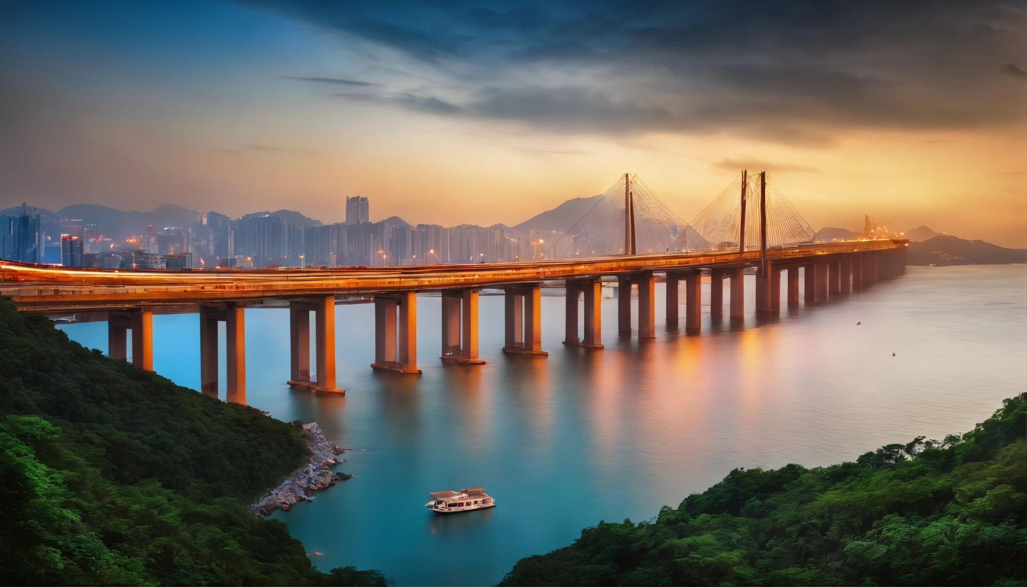 Best quality, Masterpiece, 超高分辨率, (photograph realistic:1.4), surrealism, Dream-like,fusionart, Hong Kong-Zhuhai-Macao Bridge