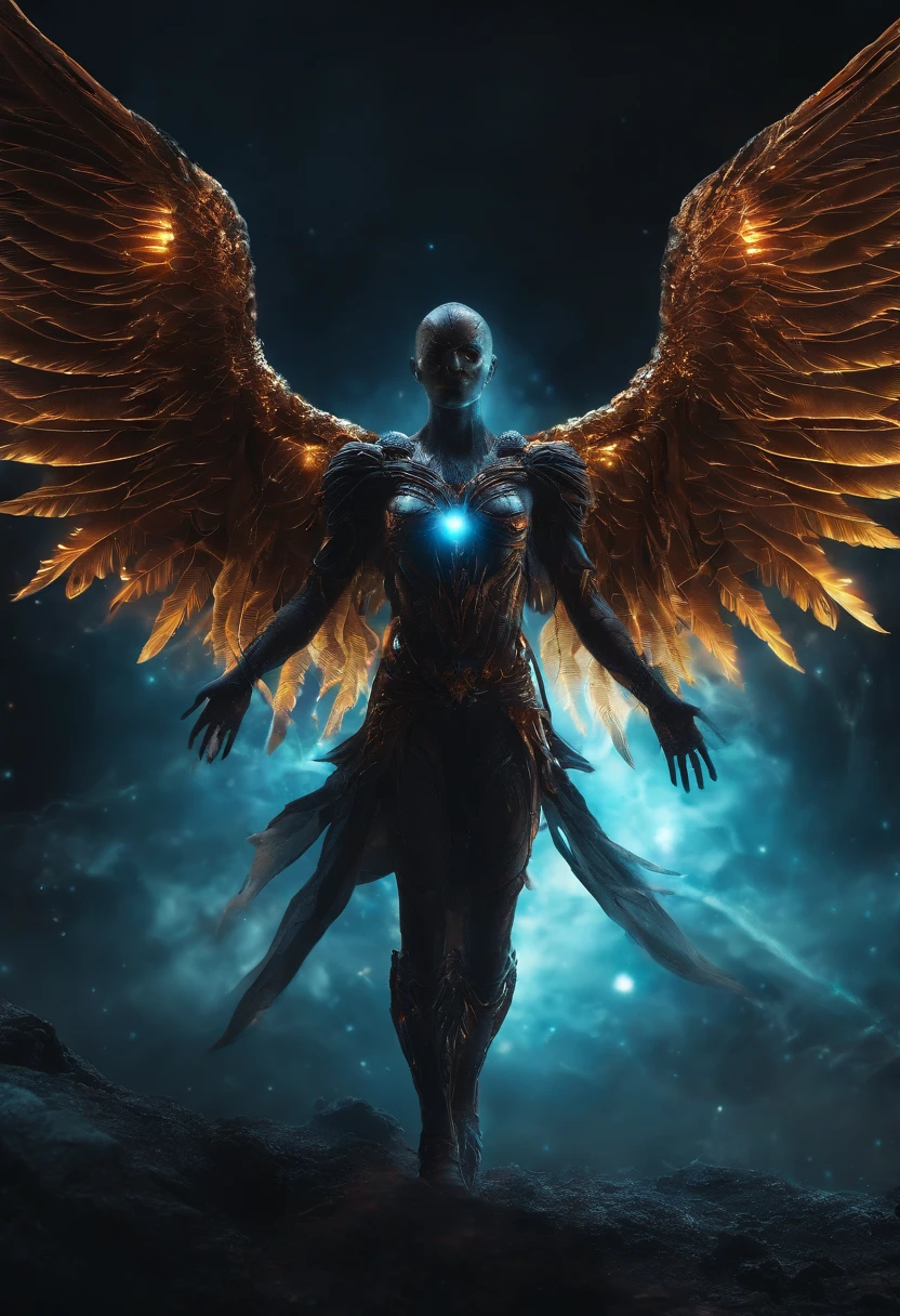 Cosmic Fallen Angel, glowing light eyes, Biomechanical, eerie, Creepy, nightmarish, Very bright colors, Light particles, with light glowing, Mshiv, wallpaper art, UHD wallpaper