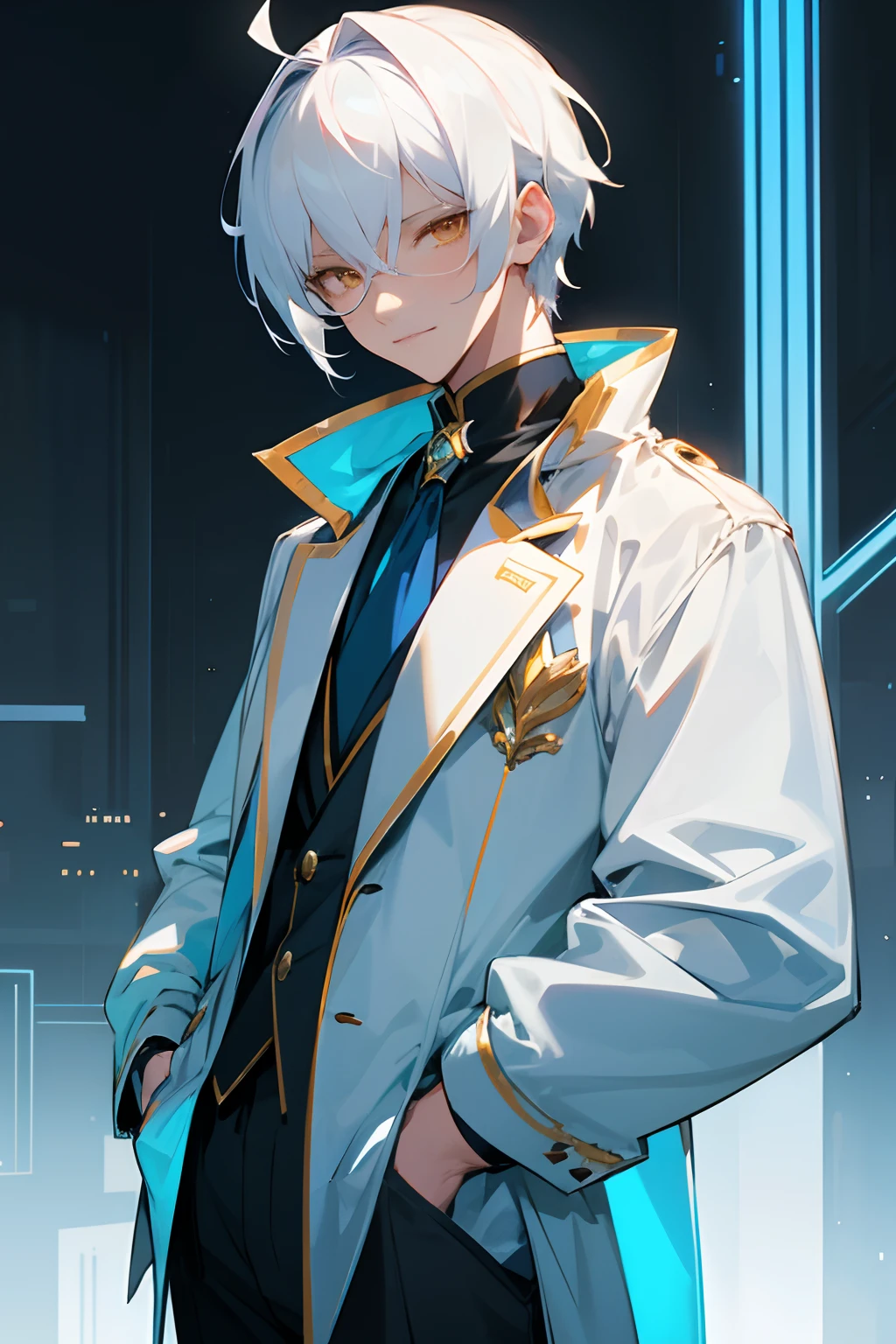 anime boy, white hair, golden eyes, wearing expensive dress, hands inside pockets, slight smile, flashy neon city buildings background, surrounded by few blue panels, masterpiece, 8k, detailed face, detailed eyes, fitting face, face towards viewer