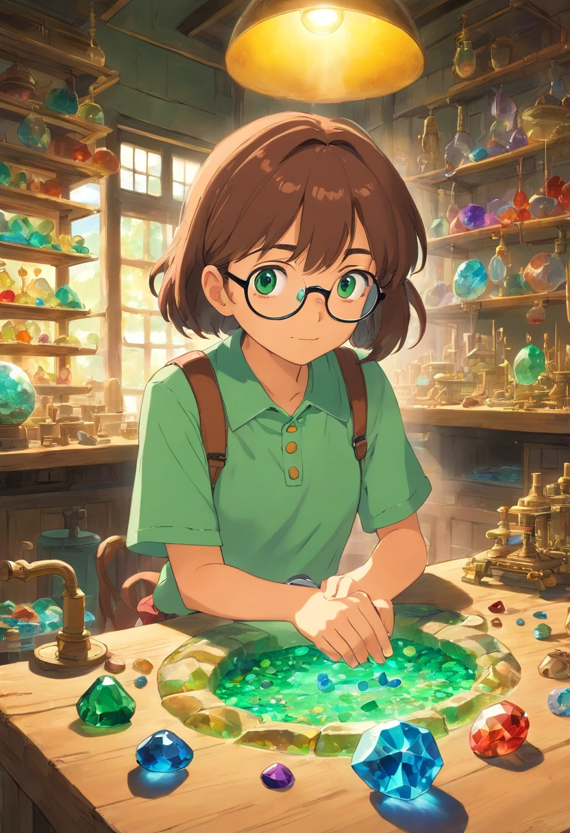 Alafeld girl in green shirt and goggles is looking at gemstones, embedded gemstones, eye-catching, kids playing archaeology, colorful mold, looks cool, doing experiments in her science lab, working in her science lab, product introduction photos, carvings, colorful slime, made of colorful crystals, advertising photos, crafts, having fun, process art, long picture, 9:16
