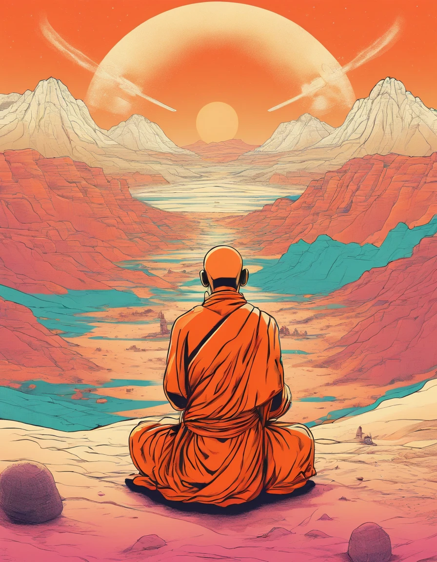 A Buddhist monk praying in desert,  mountains