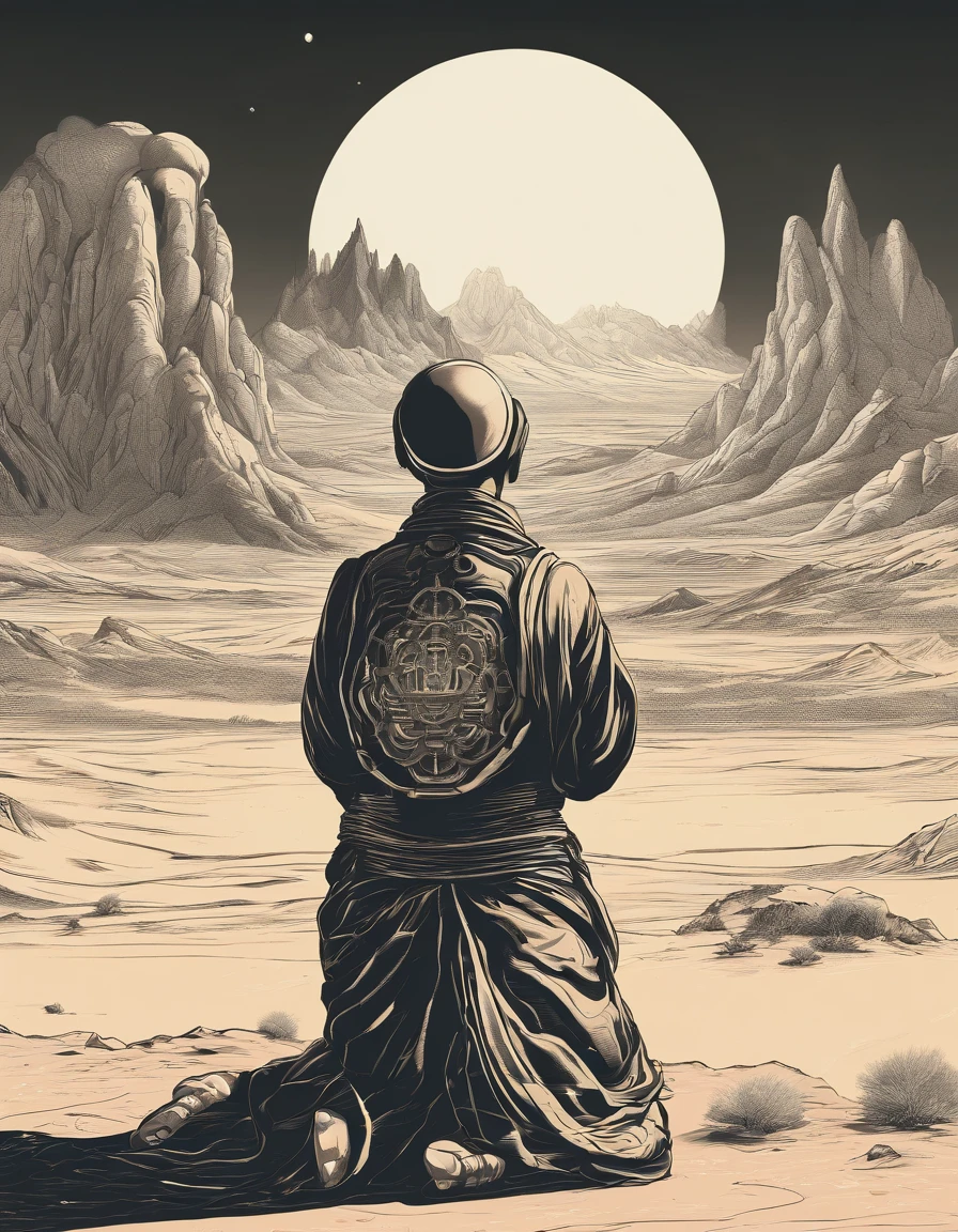 A Buddhist monk praying in desert,  mountains
