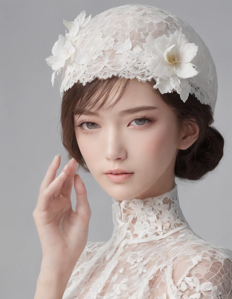 Pretty and very elegant girl wearing a talk cap decorated with white lace flowers. Her entire face is covered with lace. She wears a loose-fitting white lace cocktail dress that hangs over her shoulders. Her skin is very shiny. Her arms are folded、The fingertips of one hand touch her chin. The background is beautiful black. The room is dimly lit.、She is gently illuminated.
Very shallow depth of field、the background is blurred. ((delicate hand)), (good hand))