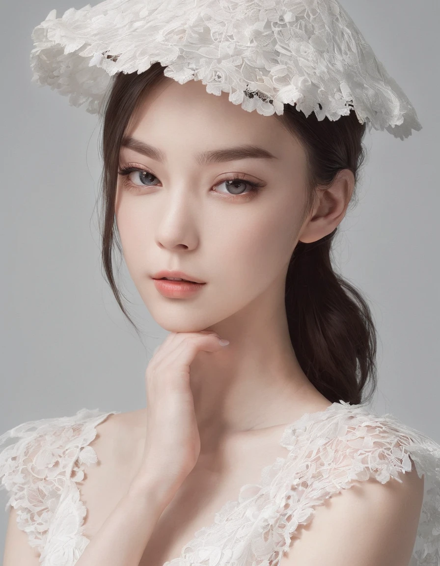 Pretty and very elegant girl wearing a talk cap decorated with white lace flowers. Her entire face is covered with lace. She wears a loose-fitting white lace cocktail dress that hangs over her shoulders. Her skin is very shiny. Her arms are folded、The fingertips of one hand touch her chin. The background is beautiful black. The room is dimly lit.、She is gently illuminated.
Very shallow depth of field、the background is blurred. ((delicate hand)), (good hand))