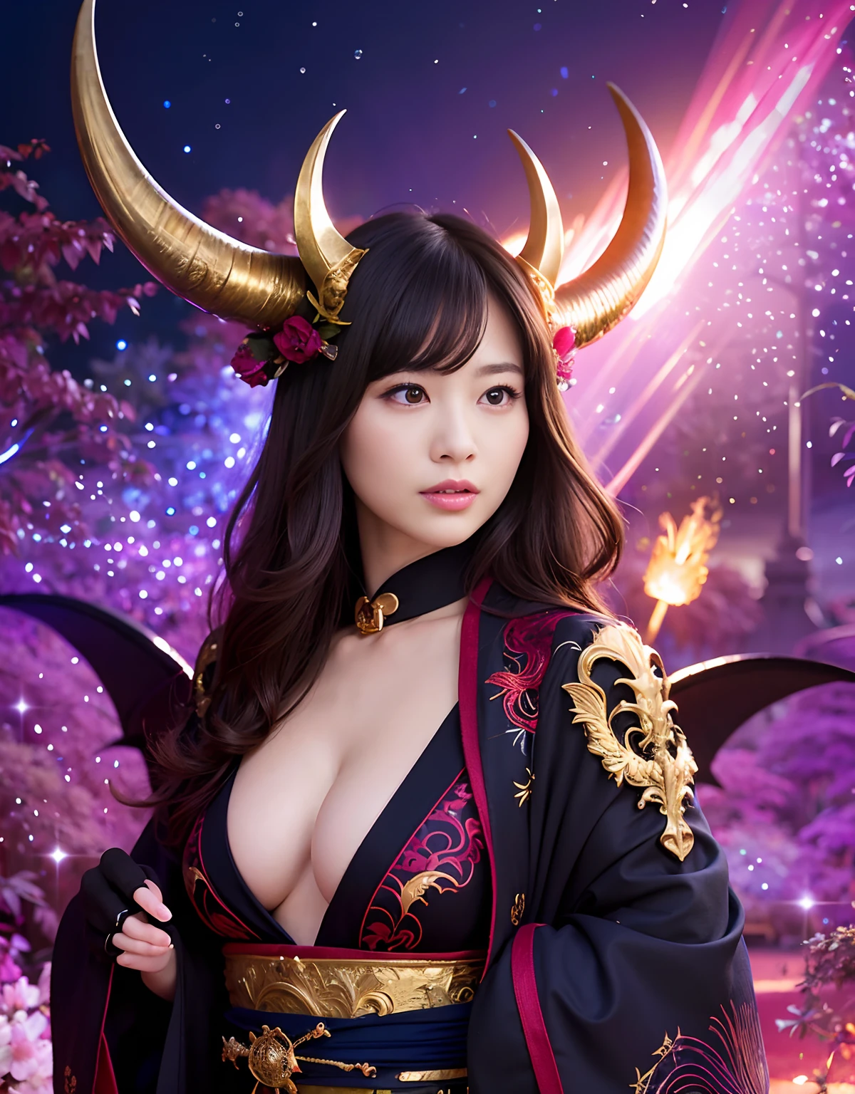 ((World of Darkness)),Professional , masterpiece、top-quality、photos realistic , depth of fields 、(sexypose)、(Black maple on the background of full bloom),(Ultimate Beauty)、A dark-haired、(shrine background)、(Kimono with beautiful pattern)、(Night background)、Beautiful hair ornament on the head、((Precipitous cliffs)),(Wear a beautiful kimono),(Wear a beautiful kimono with colorful floral patterns)、(Japan Castle Background)、Jewel Gold Weapon、Particles of light),(Wearing a wizard's hat)、Gorgeous gold weapons ,Castle background、(( Gorgeous Dragon Sword)) , (a dark night),,(maikurobikini) 、((Black Haired Beautiful Girl))、(Castle background)、(demonic wings)、((Gangle's forest background))、Beautiful Caucasian beauty、1a person、dynamic ungle,(((Two devil's horns on the head)))、Smaller head、Idle Smile、Thin and beautiful female hands、Mystical expression、Light Effects、intense fighting、Wind-effect、magic circles、With the legendary magic wand、Dragon's tail、
