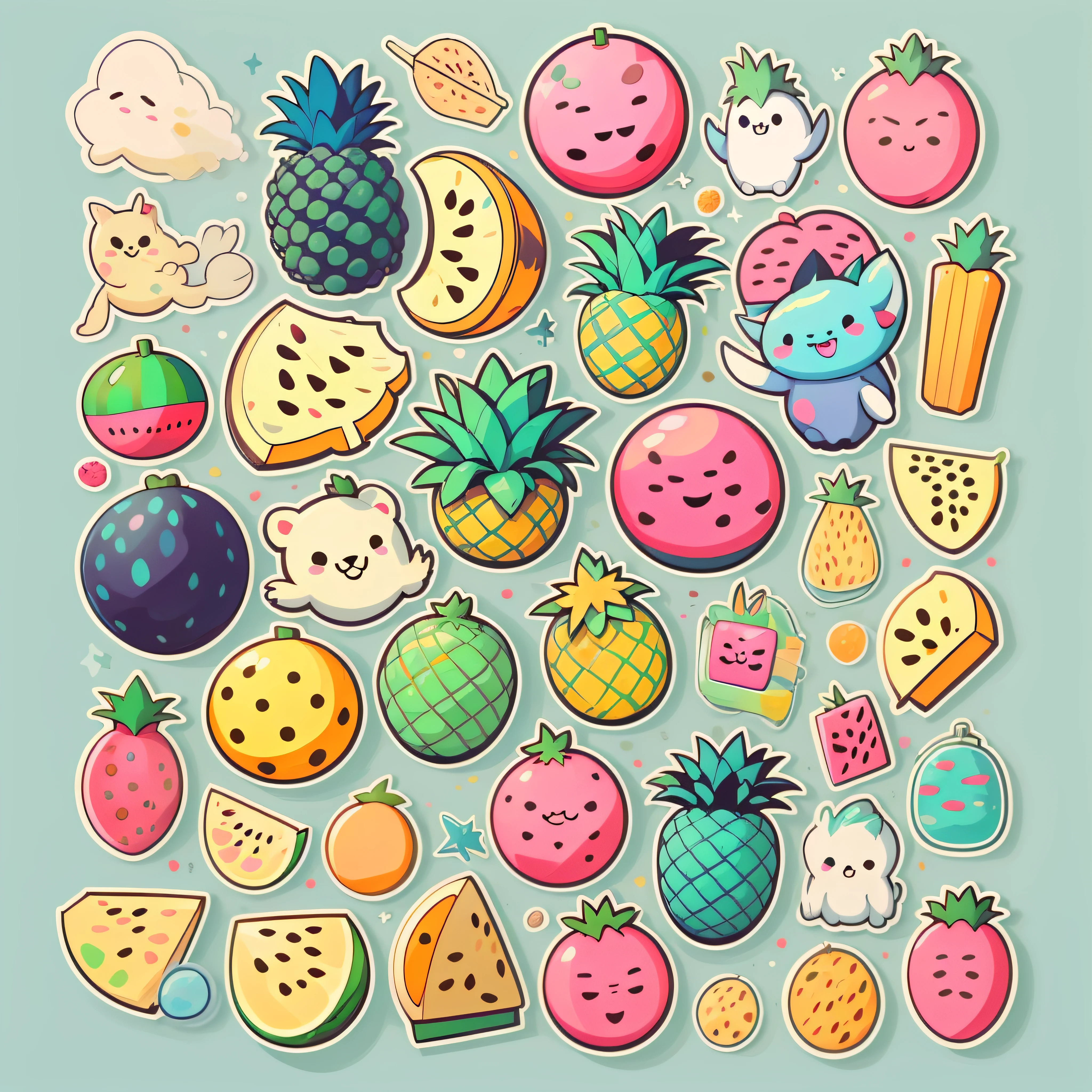 Individual stickers， 1sticker， （water melon），（pineapples），  white backgrounid， nothing background， simple backgound， dk， adolable， pastel colour， vectorstyle， no gradien，Refinement。Various fruits，All kinds of cute animals