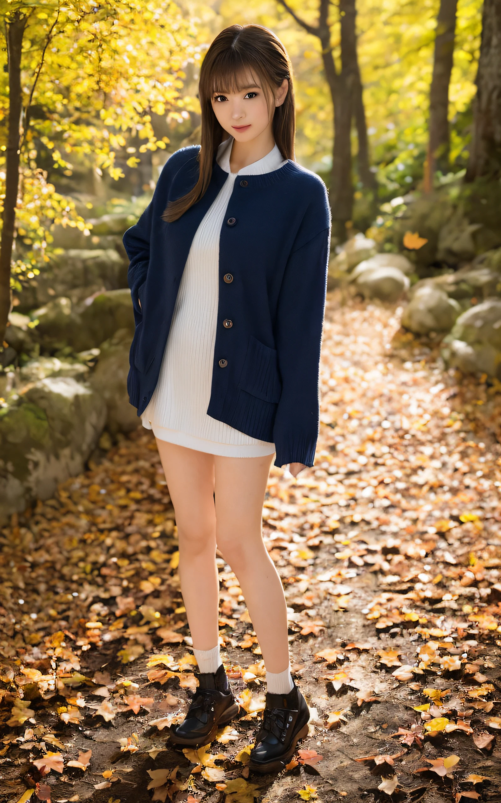 of the highest quality, Realistic, Perfect human body structure, Very detailed, Very delicate and beautiful, Raw photography, Vivid autumn leaves in the mountains, Professional Lighting, Luminescent, depth of fields, Single focal length, ((Full body:1.5)), Smile, Brown hair, small head, Big breasts, Baby face, Beautiful eyes, Real Face, Realistic skin, Detailed eyes, (Fashionable hairstyle: 1.3), Bangs, hposing Gravure Idol, Clothing appropriate for the location, absurderes、incredibly absurd res、Extremely fine,