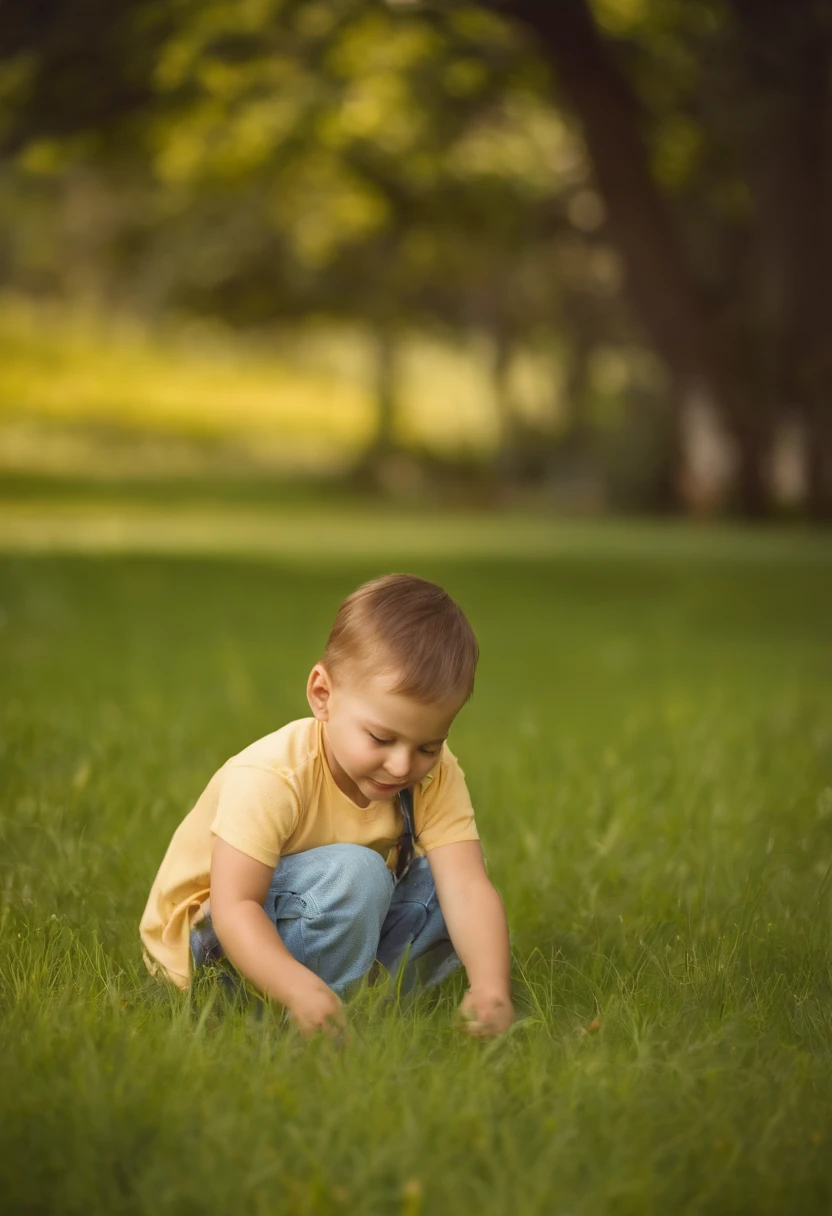 A photo of a  boy playing in the grass outside on a nice sunny day