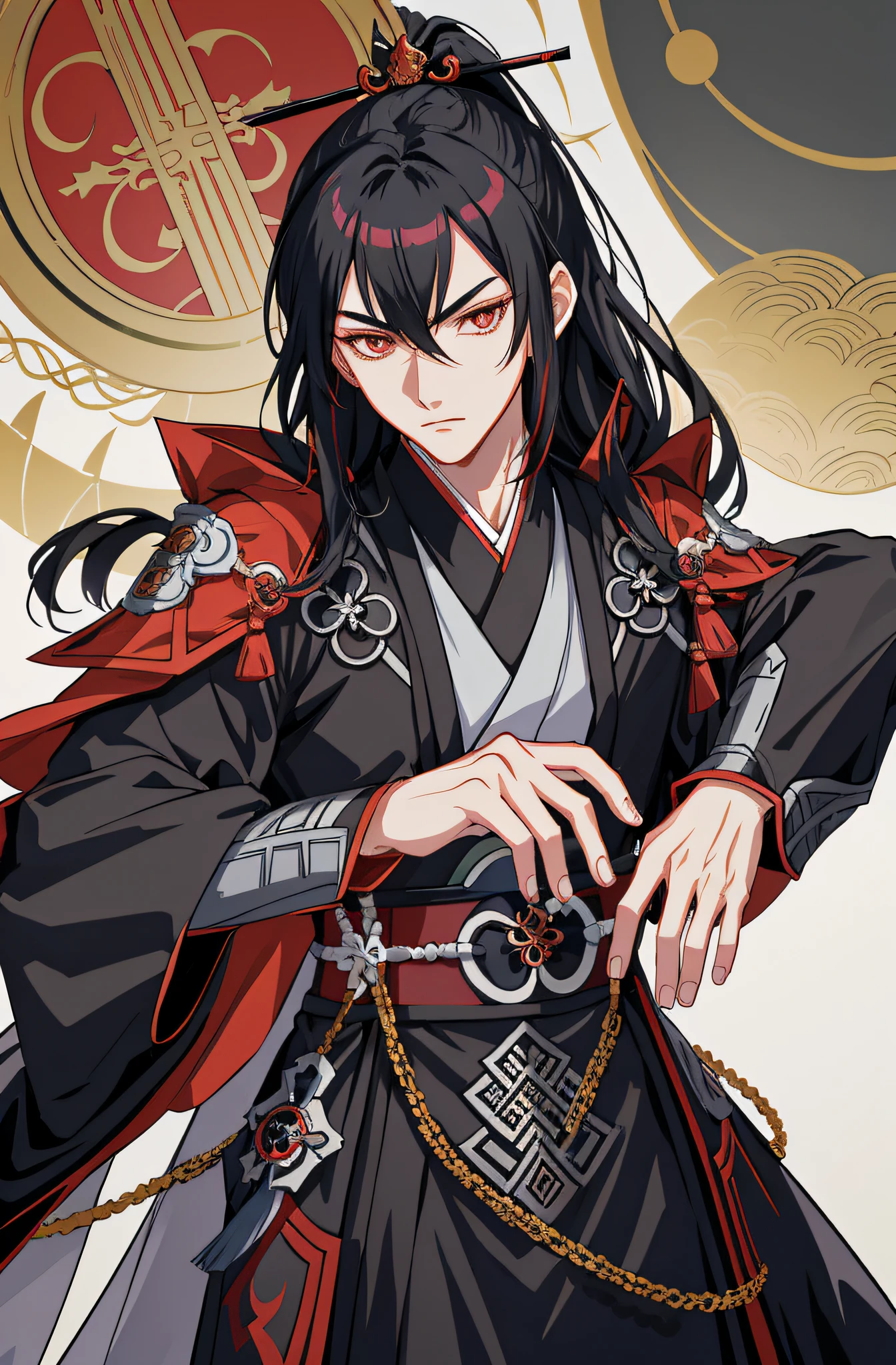 Anime - Stilbild eines Mannes mit schwarzen Haaren und schwarz roten Outfit, Kamiochi Orochi von Onmyoji, Handsome guy in demon slayer art, Taisho Roman, handsome androgynous prince, Shinkei Susabi, sp susabi, schwarzhaarige Gottheit, anime gutaussehender mann, zarter androgyner Prinz, STARember, Guan Tian war dabei, Offizielle Kunst, Yao