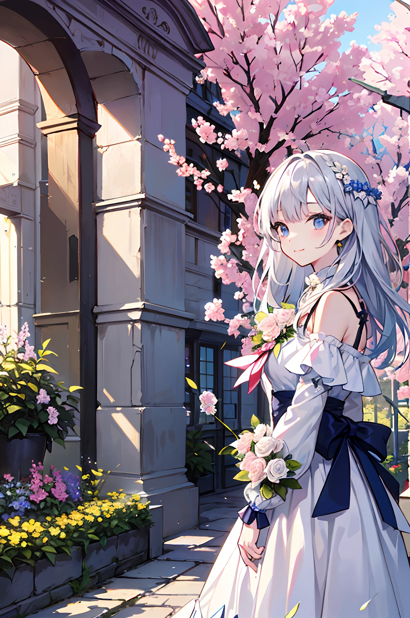 (tmasterpiece、top-quality、illustratio、Extremely high quality、high-level image quality、Extremely sensitive writing)Girl with long silver hair standing in beautiful flowery garden、A slight smile、She has a large bouquet、Cute national costume style dress，There are ruffles on the shoulders、Hair fluttering in the wind