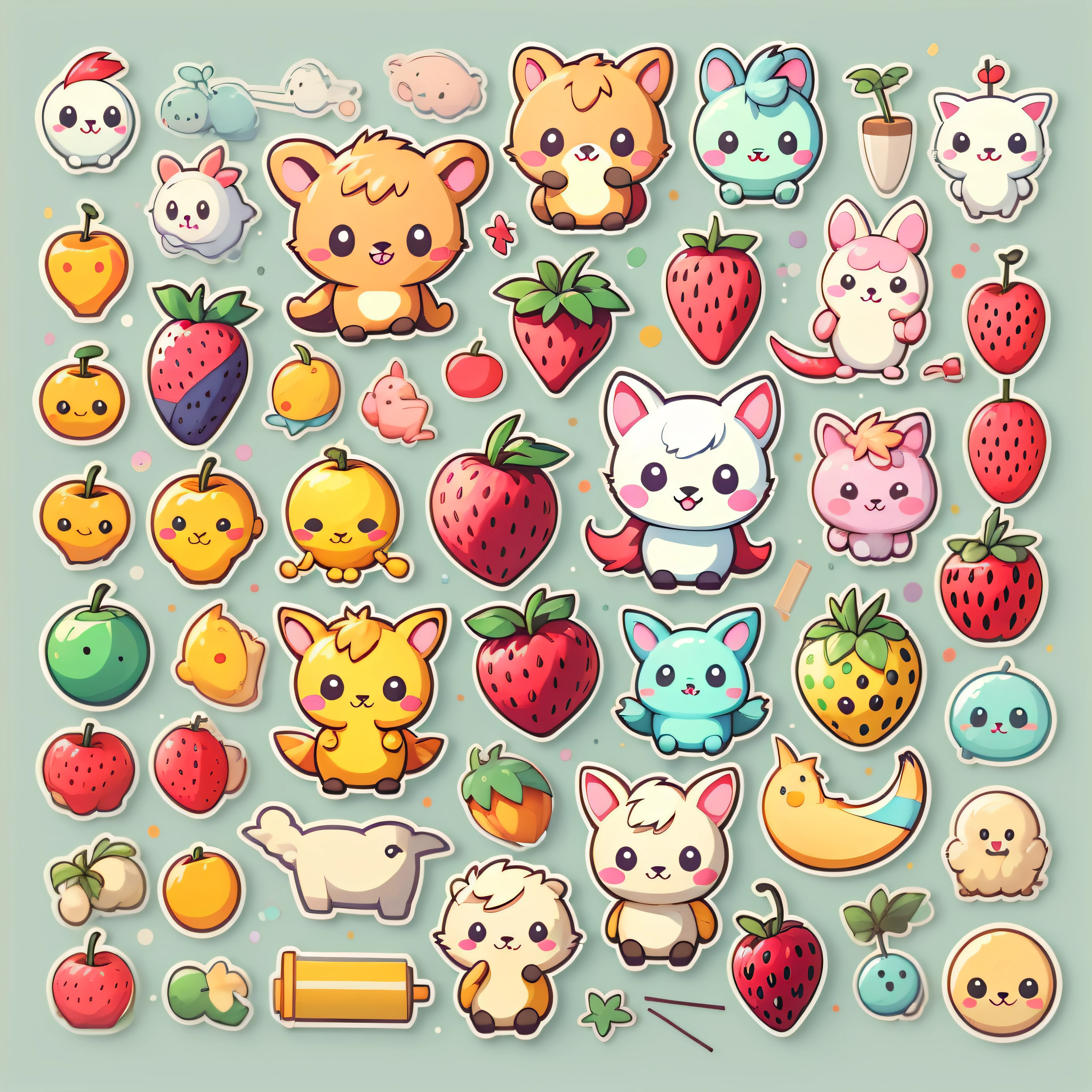 Individual stickers, 1sticker, (cherrie)), white backgrounid, nothing background, simple backgound, dk, adolable, pastel colour, vectorstyle, no gradien,Refinement。Various fruits,All kinds of cute animals