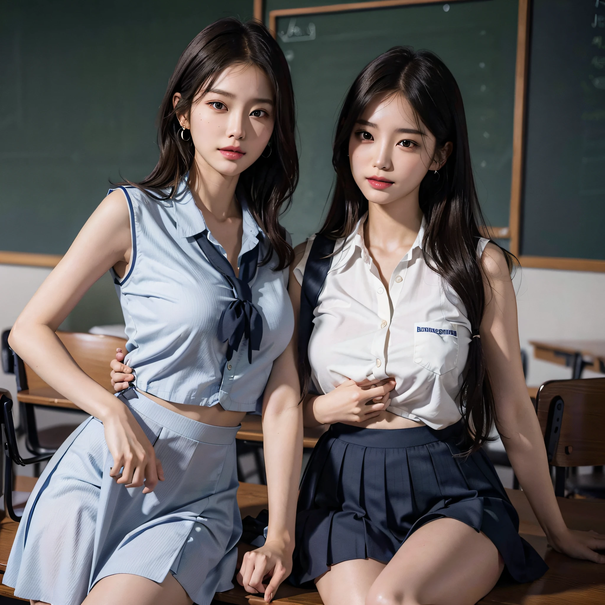 absurdres, RAW photo, extremely delicate and beautiful, masterpiece, Best Quality, ultra high resolution, 16k, hyperrealistic, ultra-detailed, Very detailed CG 8k wallpaper, Beautiful Lighting, Perfect Lightning, Realistic Shadows, perfect anatomy, super Detailed skin, perfect figure, Japanese woman, late 20s, very Slim body, narrow waist, very small head, handsome detailed woman, very detailed eyes and face, realistic face proportions, Stunning detailed eyes, Realistic beautiful face, very small face, Realistic small beautiful eyes, double eyelids, makeup, tearful mole, mole on chest, earring, bare legs, beautiful and very thin legs, beautiful and very thin thighs, (((very huge round breasts))), (full body shot), ((short hair, wavy hair)), (((korean school uniform, summer school uniform shirt, dress shirt))), midriff peek, ((sleeveless)), ((yuri, 2girls)),