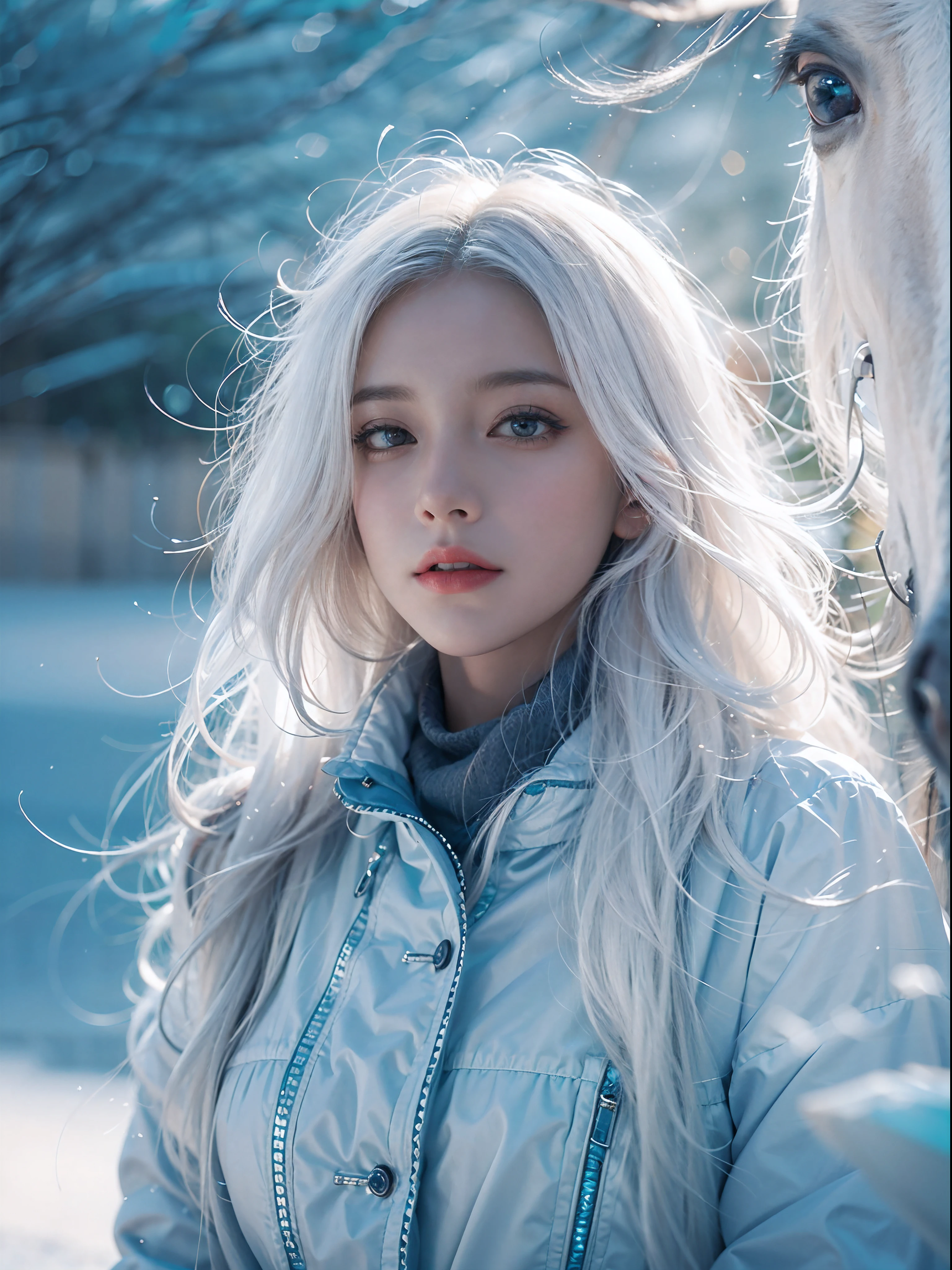 beautiful, young woman, in the crystal and ice area, fluttering snow, horse riding, a white hourse, gradient hair, white hair, blue hair, long hair, eye reflection, disdain, ray tracing, reflection light, blurry, glowing light, depth of field, chiaroscuro, stereogram, zoom layer, cowboy shot, f/2.8, bokeh, masterpiece, best quality, high quality, HD