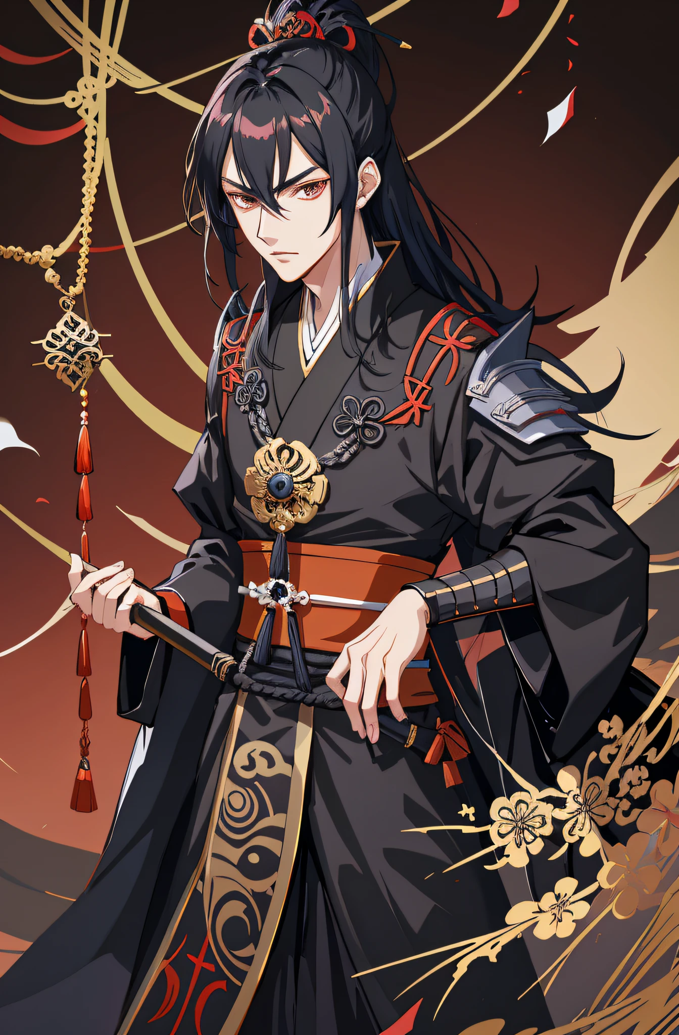 Anime - Stilbild eines Mannes mit schwarzen Haaren und schwarz roten Outfit, Kamiochi Orochi von Onmyoji, Handsome guy in demon slayer art, Taisho Roman, handsome androgynous prince, Shinkei Susabi, sp susabi, schwarzhaarige Gottheit, anime gutaussehender mann, zarter androgyner Prinz, STARember, Guan Tian war dabei, Offizielle Kunst, Yao
