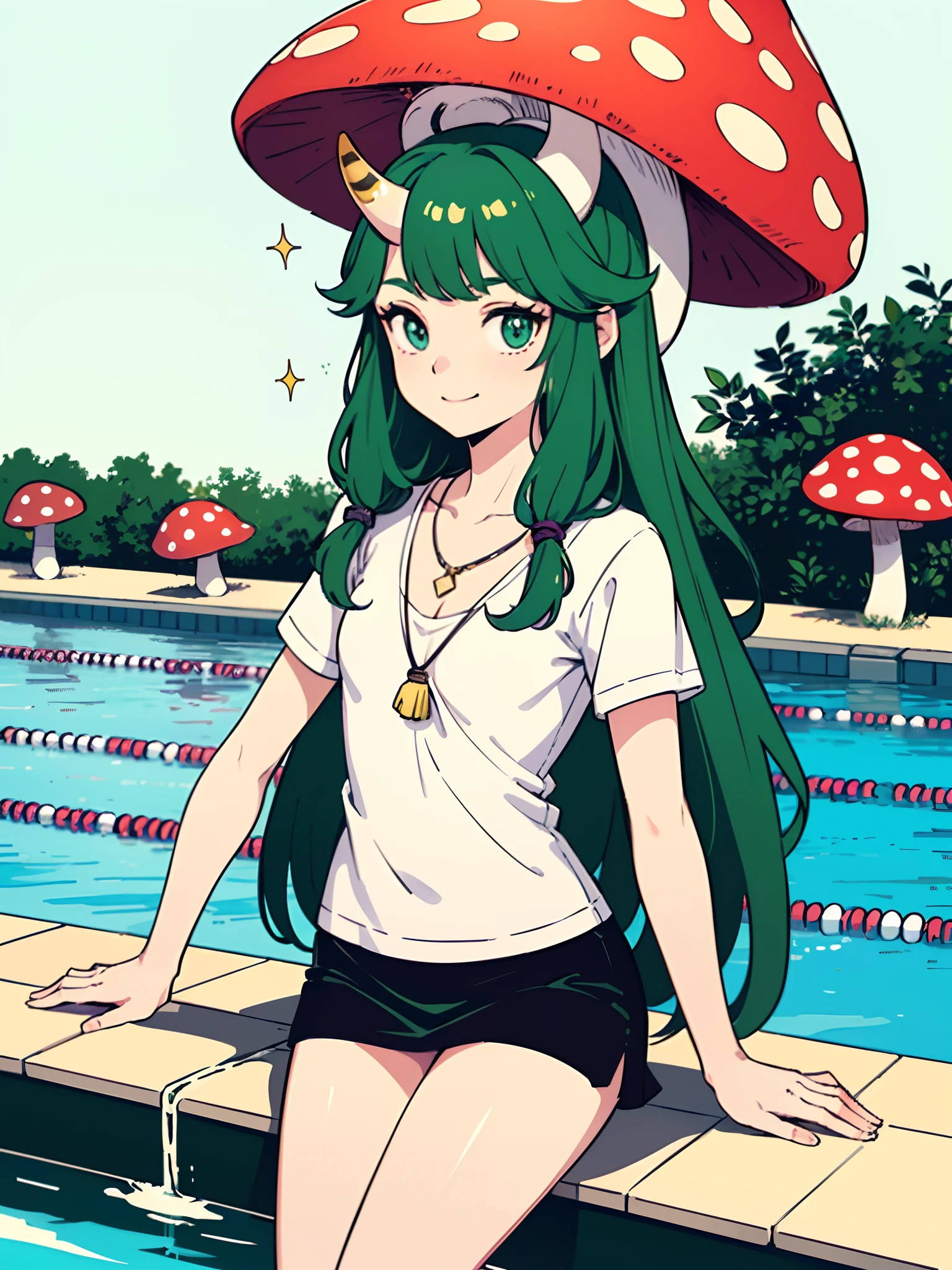 (cute girl:1.2), (starly eyes),
(sparkle skin), (happy mood:1.2),
(long hair, slightly wavy hair, green gradation hair:1.2), (small horn:1.3), (mushroom on head:1.3),
break
(t-shirts, mini skirt, tiger pattern), cleavage,
wearing gorgeous accessories, necklace,
(medium breast:1.2), (focus hip:1.3),
break
(pool edge:1.3), (sitting on edge), (looking viewers:1.2),
break
(hyperrealistic, raw photo), (pastel:1.2), (flat color:1.2),