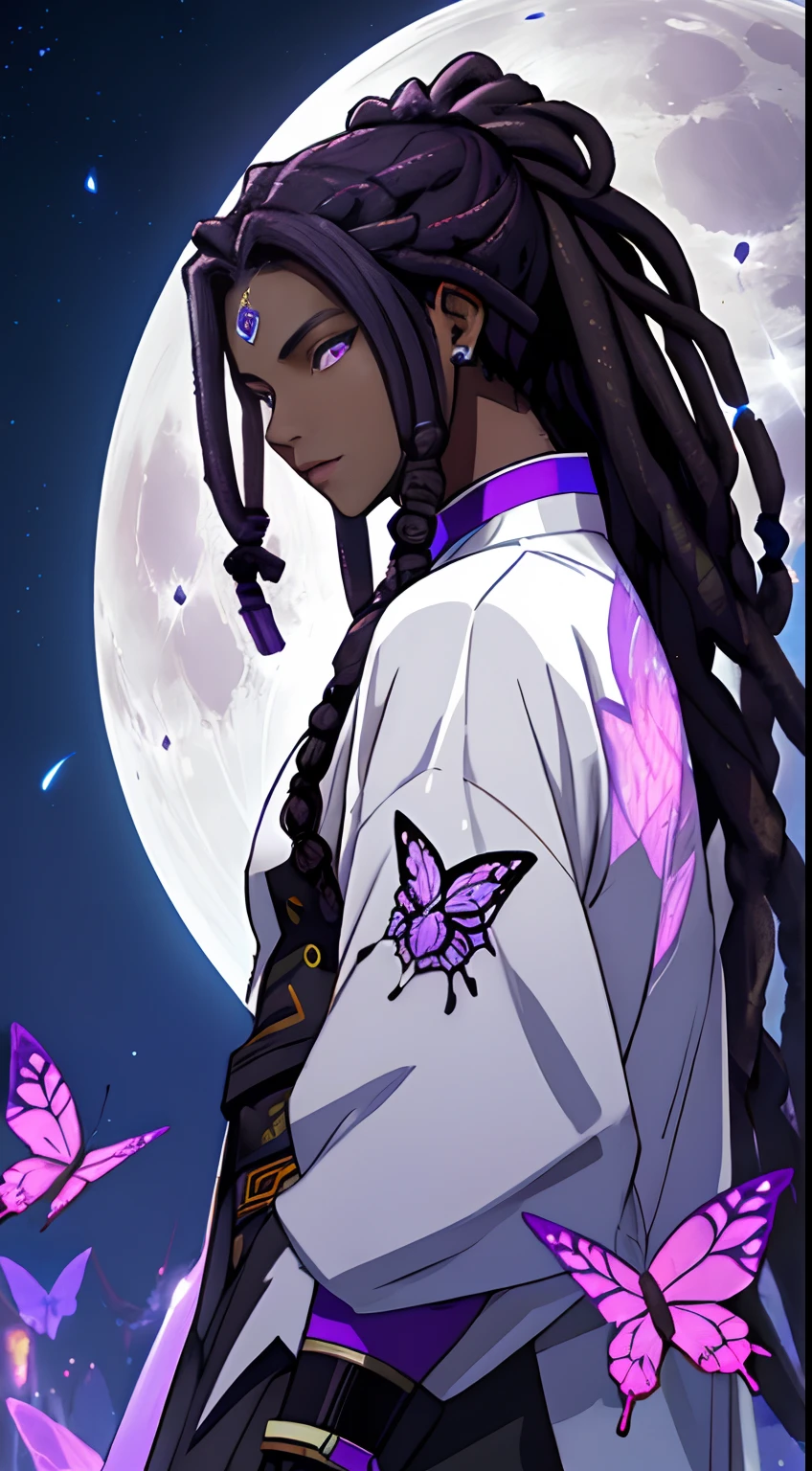Dark skin man, black dreadlocks hair, butterfly crystal futuristic outfit, soft pretty face, ethereal, anime style, moon background, fierce look, perfect purple eyes