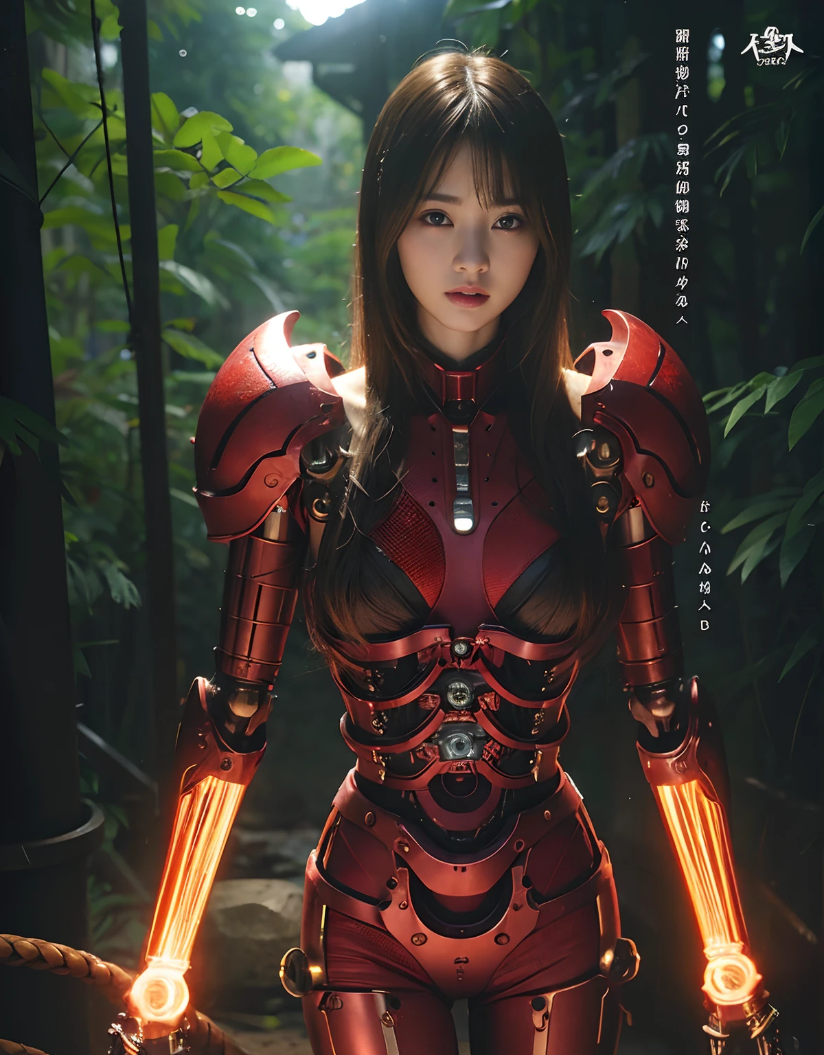 (1 Mechanical Girl)、top-quality、​masterpiece、超A high resolution、(Photorealsitic:1.4)、Raw photo、女の子1人、Golden hair、glowy skin、(((1 Mechanical Girl)))、With a beautiful knife、（Red Metal Bodysuit）、(beautiful forest background)、Precipitous cliffs、(Small LED)、((super realistic details))、portlate、globalillumination、Shadow、octan render、（One-Eyed Scouter）、8K、ultrasharp、Colossal tits、Raw skin is exposed in cleavage、metals、Details of complex ornaments、Japan details、highly intricate detail、Realistic light、CGSoation Trends、Red Eyes、radiant eyes、Facing the camera、neon details、(Mechanical limbs)、(blood vessels connected to tubes)、Mechanical vertebrae attached to the back、mechanical cervical attaching to neck、(Wires and cables connecting to the head)、Gundam、Small LED、,Mechanical thighs、Toostock、（Hands are also made of machines）、（Please wear a mechanical helmet）、