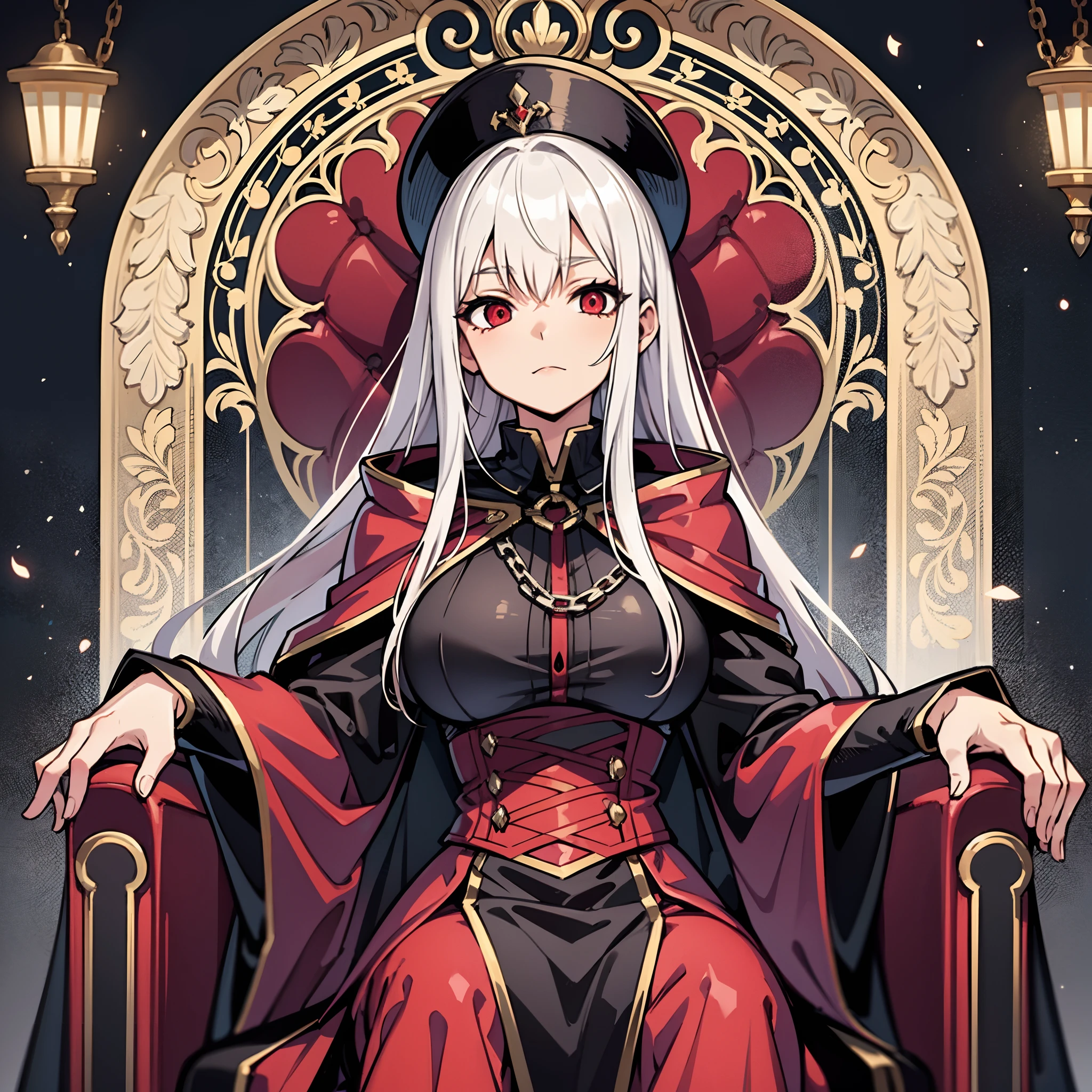 upper body, 1woman, White hair, Long Haired, Red eyes, (Vampire), Chain Collar, Black Long Cape, Dracula tunic, big breats, wallpaper, throne Room background, light particles, hands behind, (masterpiece), best quality, closed-mouth