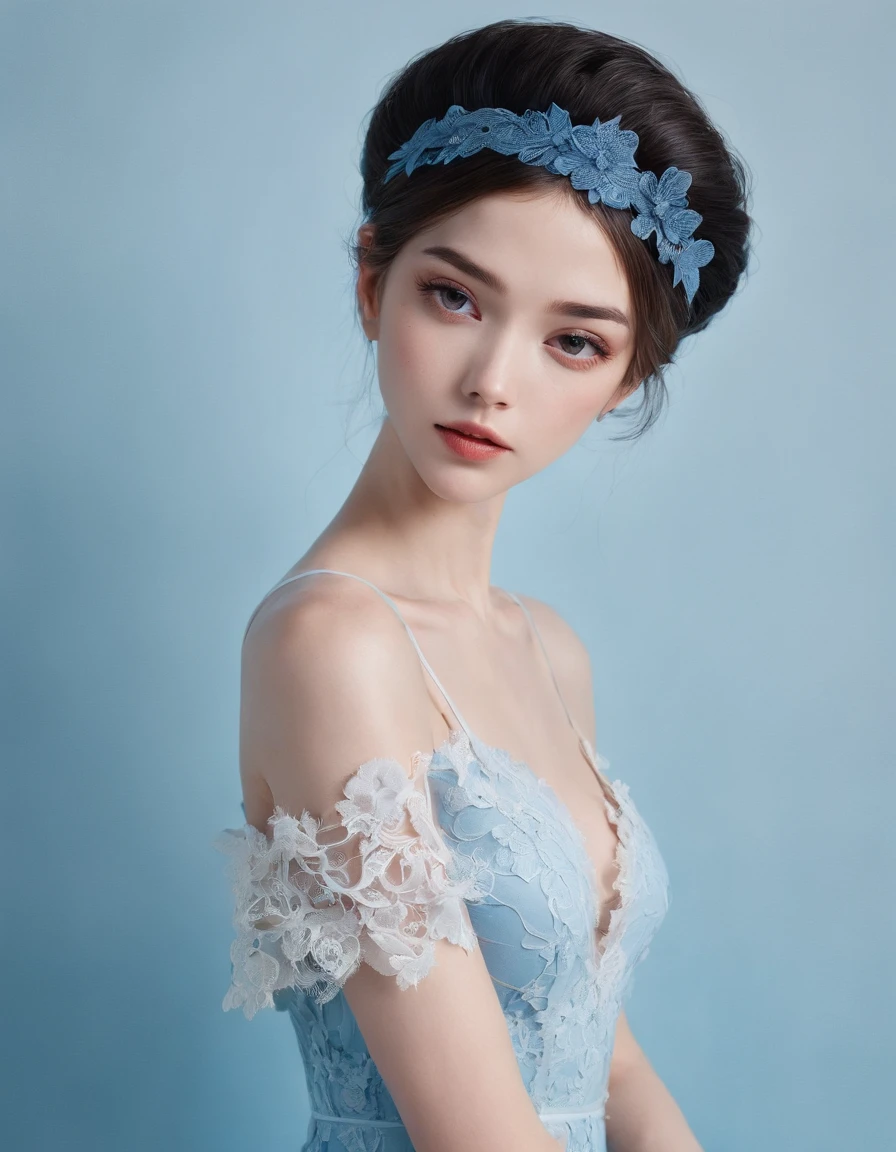 Pretty and very elegant girl wearing a talk cap decorated with sky blue lace flowers. Her entire face is covered with lace. She wears a loose-fitting sky blue lace cocktail dress that hangs over her shoulders. Her skin is very shiny. Her arms are folded. The background is beautiful black. The room is dimly lit.、She is gently illuminated.
Very shallow depth of field、the background is blurred. ((delicate hand)), (good hand))