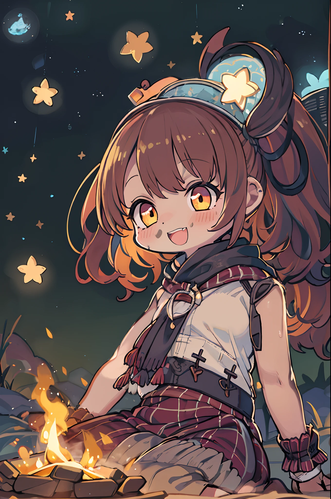 masutepiece, Best Quality, 1 girl, Solo, effect, Dark background, With a happy face,Chibi、camp、Before the bonfire、beneath the stars