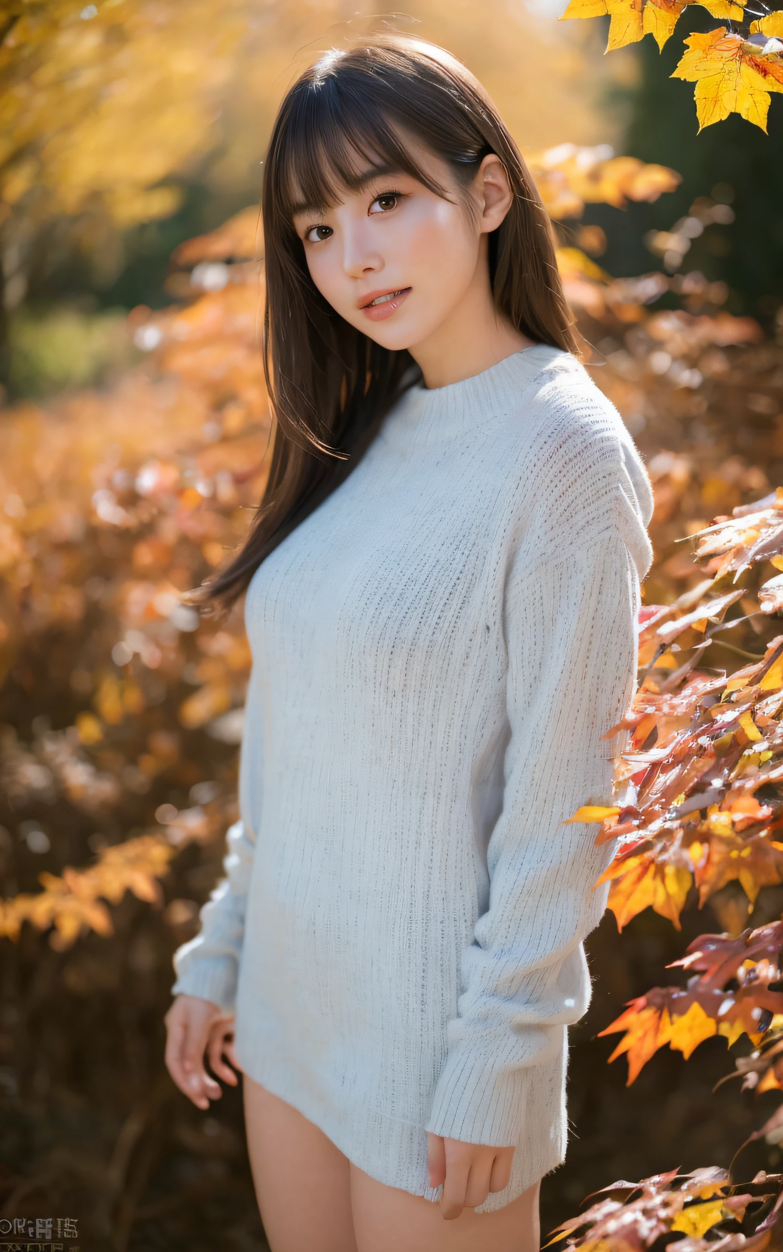 of the highest quality, Realistic, Perfect human body structure, Very detailed, Very delicate and beautiful, Raw photography, Vivid autumn leaves in the mountains, Professional Lighting, Luminescent, depth of fields, Single focal length, ((Full body:1.5)), Smile, Brown hair, small head, Big breasts, , Beautiful eyes, Real Face, Realistic skin, Detailed eyes, (Fashionable hairstyle: 1.3), Bangs, hposing Gravure Idol, Clothing appropriate for the location, absurderes、incredibly absurd res、Extremely fine,