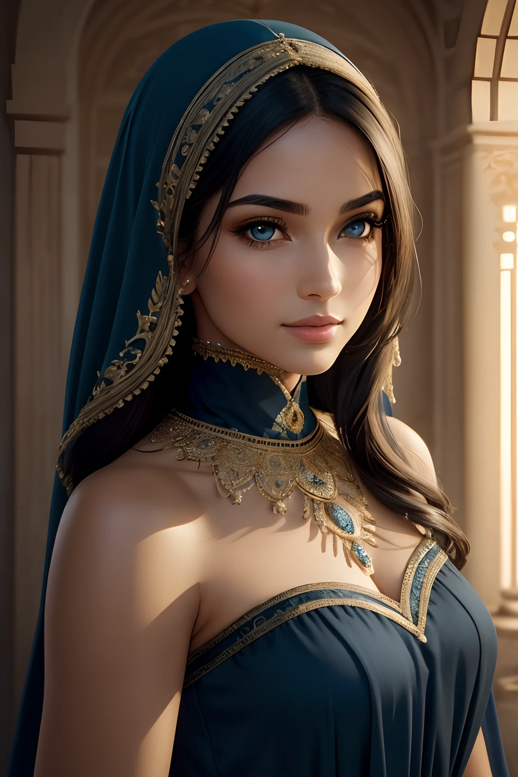 Imagine an exquisitely beautiful Arab woman posing in front of a camera for a selfie.. Her captivating blue eyes shine with mesmerizing intensity, attract you to the image. Son impeccable, Olive-colored skin shines in realistic lighting, adding to its appeal. Sa longue, Black hair cascades down his shoulders, framing his face elegantly. Dans le selfie, She tilts her head slightly to one side with confidence, giving the impression of a subtle flirtation. Son plein, soft lips are slightly spread apart, Giving off an air of mystery and sensuality. Despite not wearing a hijab, His expression and pose exude grace and elegance. The camera captures every intricate detail, from the delicate arch of her eyebrows to the fine lines that form when she smiles gracefully. Volumetric lighting casts soft shadows on his face, Improve image depth and realism. The grain of the film adds a touch of authenticity, Donner au selfie un nostalgique, Ambiance vintage. For an ideal portrait look, The camera used for the selfie is a 50mm lens with an aperture of f2.8. This choice creates a classic portrait aesthetic with shallow depth of field., beautifully blur the background and focus only on its captivating features. The overall result is a, Incredibly detailed artwork that showcases the beauty and elegance of this Arab woman. The image captures a perfect moment frozen in time, revealing not only its physical beauty, but also the depth and complexity of his personality. Texture naturelle de la peau, 24 mm, Textures 4k, soft cinematic light, Photo brute, photorealism, photoreallistic, complexe, elegant, highly detailed, mise au point nette, ((((((cinematic look)))), tons doux, insane detail, Intricate details, hyperdetailed, Faible contraste, soft cinematic light, couleurs so