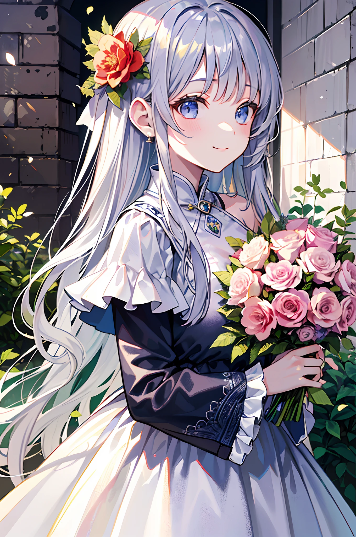 (tmasterpiece、top-quality、illustratio、Extremely high quality、high-level image quality、Extremely sensitive writing)Girl with long silver hair standing in beautiful flowery garden、A slight smile、She has a large bouquet、Cute national costume style dress，There are ruffles on the shoulders、Hair fluttering in the wind