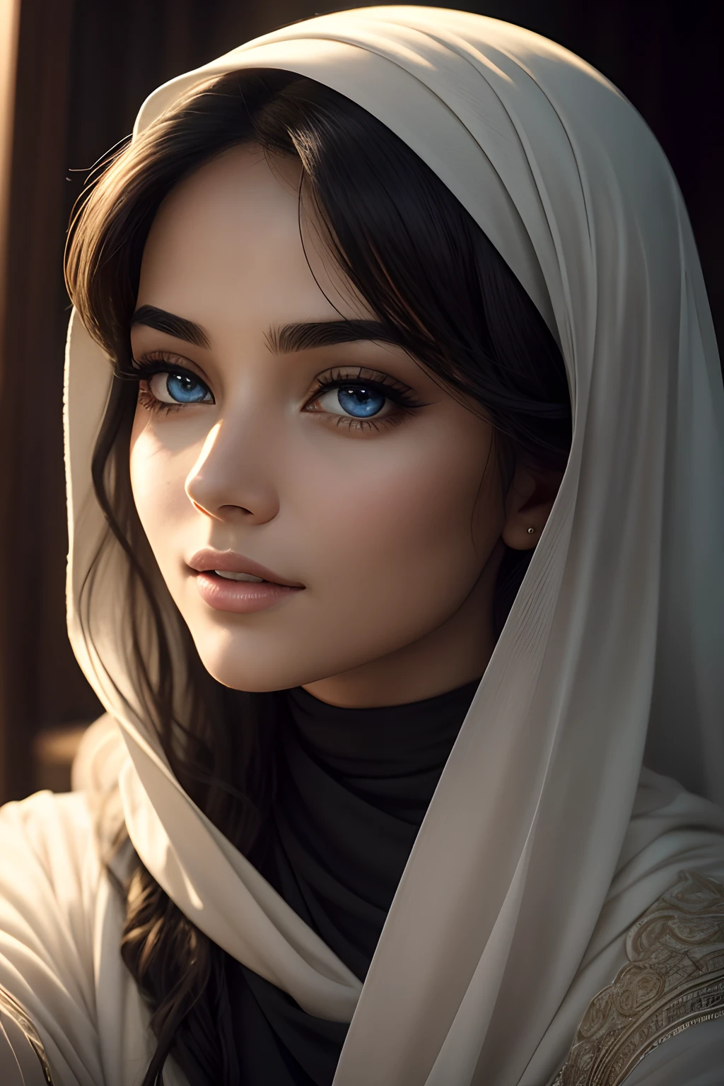 Imagine an exquisitely beautiful Arab woman posing in front of a camera for a selfie.. Her captivating blue eyes shine with mesmerizing intensity, attract you to the image. Son impeccable, Olive-colored skin shines in realistic lighting, adding to its appeal. Sa longue, Black hair cascades down his shoulders, framing his face elegantly. Dans le selfie, She tilts her head slightly to one side with confidence, giving the impression of a subtle flirtation. Son plein, soft lips are slightly spread apart, Giving off an air of mystery and sensuality. Despite not wearing a hijab, His expression and pose exude grace and elegance. The camera captures every intricate detail, from the delicate arch of her eyebrows to the fine lines that form when she smiles gracefully. Volumetric lighting casts soft shadows on his face, Improve image depth and realism. The grain of the film adds a touch of authenticity, Donner au selfie un nostalgique, Ambiance vintage. For an ideal portrait look, The camera used for the selfie is a 50mm lens with an aperture of f2.8. This choice creates a classic portrait aesthetic with shallow depth of field., beautifully blur the background and focus only on its captivating features. The overall result is a, Incredibly detailed artwork that showcases the beauty and elegance of this Arab woman. The image captures a perfect moment frozen in time, revealing not only its physical beauty, but also the depth and complexity of his personality. Texture naturelle de la peau, 24 mm, Textures 4k, soft cinematic light, Photo brute, photorealism, photoreallistic, complexe, elegant, highly detailed, mise au point nette, ((((((cinematic look)))), tons doux, insane detail, Intricate details, hyperdetailed, Faible contraste, soft cinematic light, couleurs so